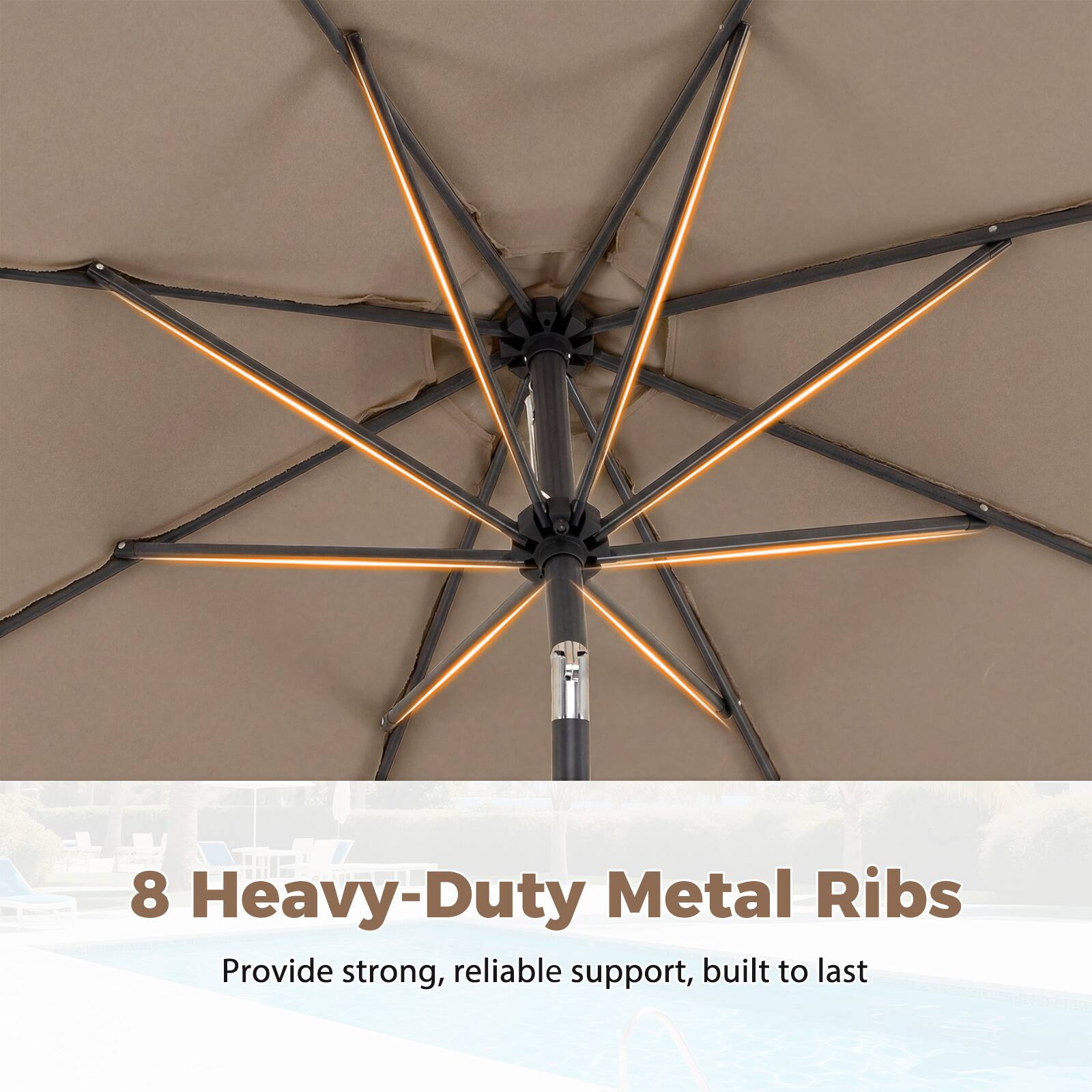 8 Heavy-Duty Metal Ribs  
Provide strong, reliable support, built to last