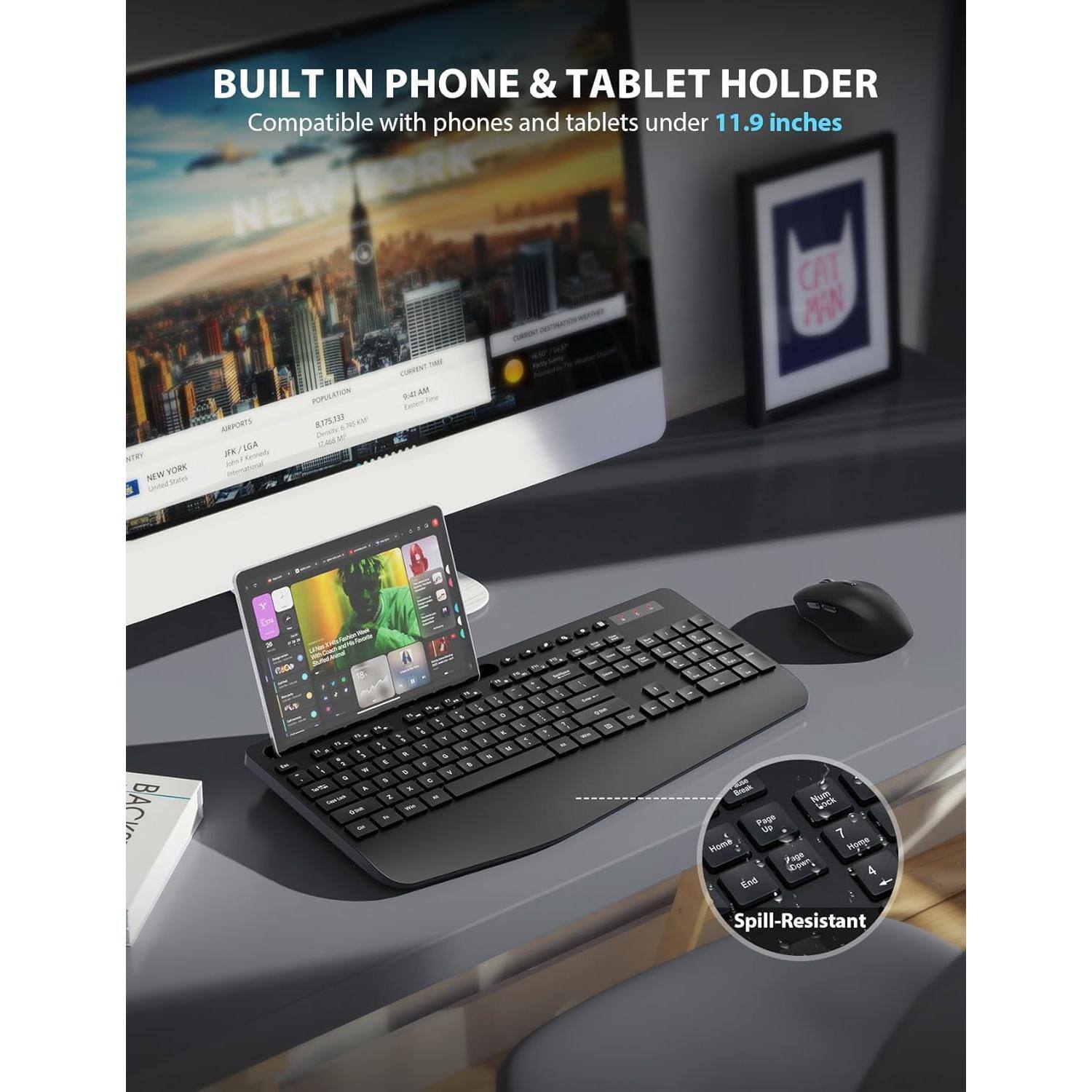 BUILT IN PHONE & TABLET HOLDER  
Compatible with phones and tablets under 11.9 inches  

NEW YORK  
JFK/LGA  
CURRENT TIME  
9:41 AM  

CURRENT POPULATION  
8,175,133  

Spill-Resistant