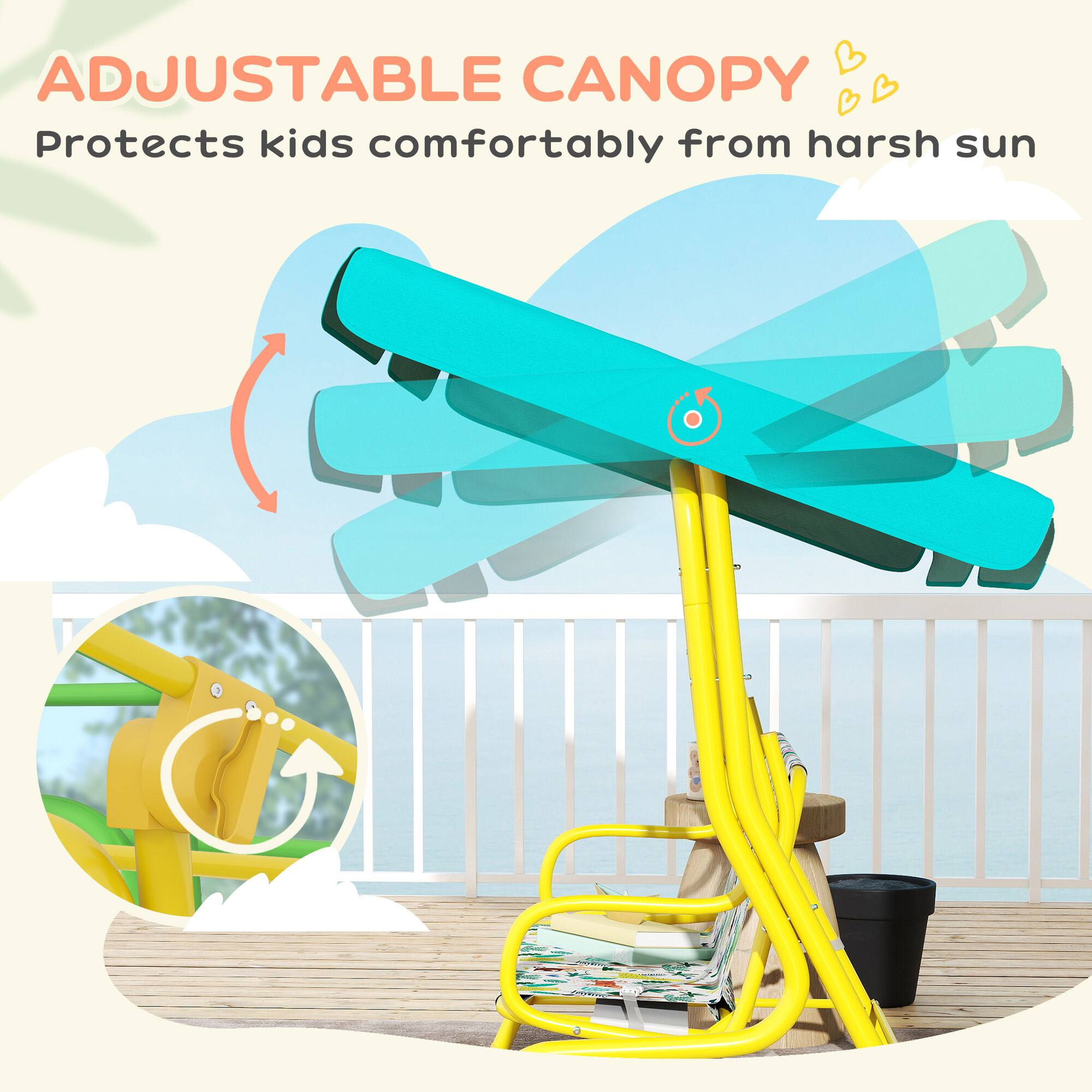 ADJUSTABLE CANOPY  
Protects kids comfortably from harsh sun