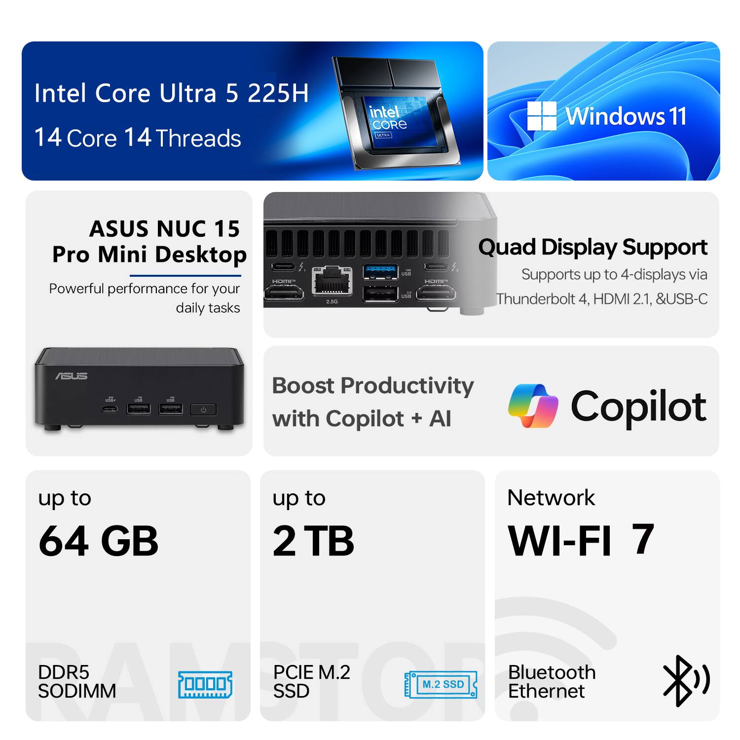 Alt View 1. ASUS - NUC 15 Desktop - Intel Core Ultra 5 225H with 16GB DDR5 RAM - 1TB SSD - Windows 11 Pro - Black - Black.
