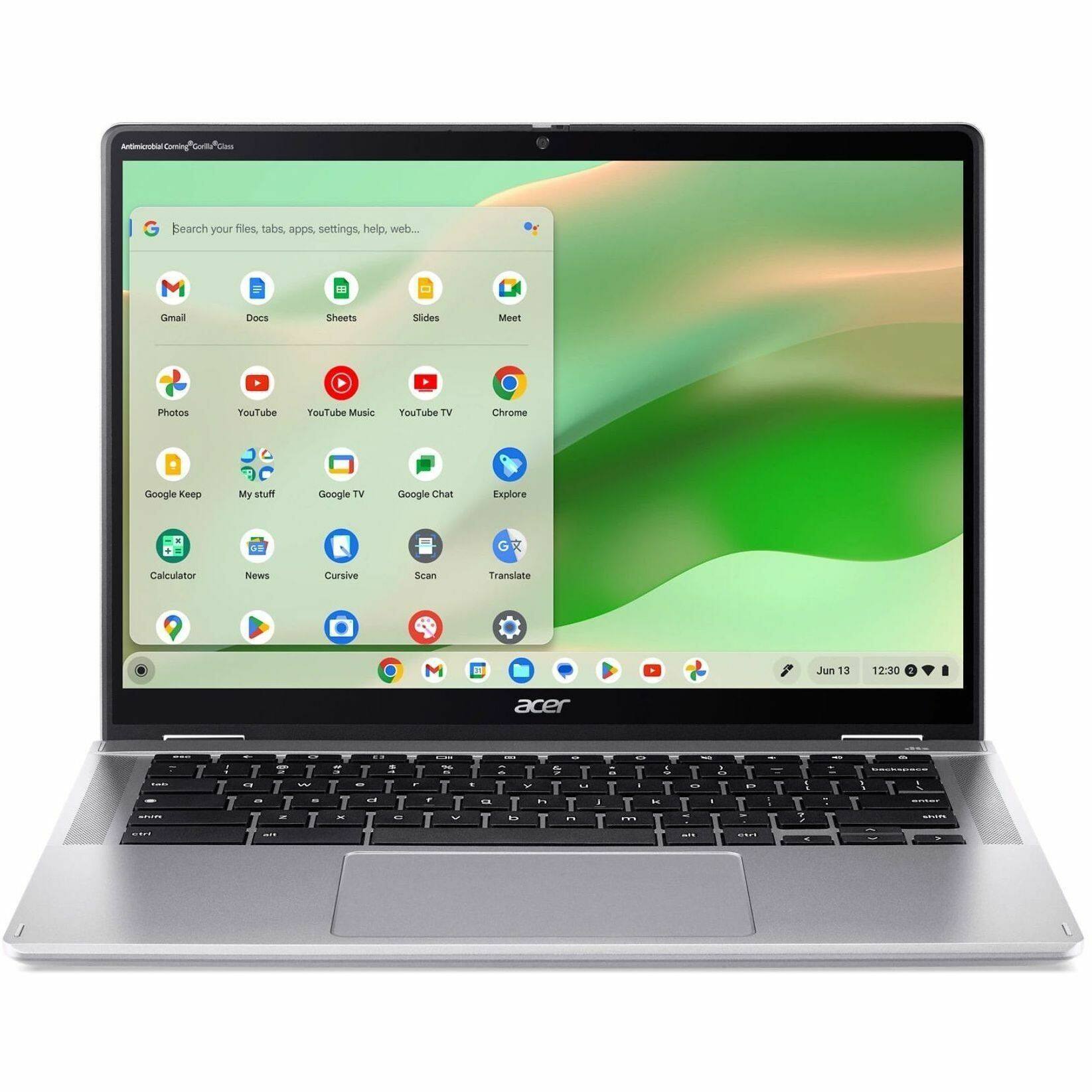 Acer Chromebook

Search your files, tabs, apps, settings, help, web...

Gmail Docs Sheets Slides Meet Photos YouTube YouTube Music YouTube TV Chrome Google Keep My Stuff Google TV Google Chat Explore Calculator News Cursive Scan Translate

Jun 13 12:30