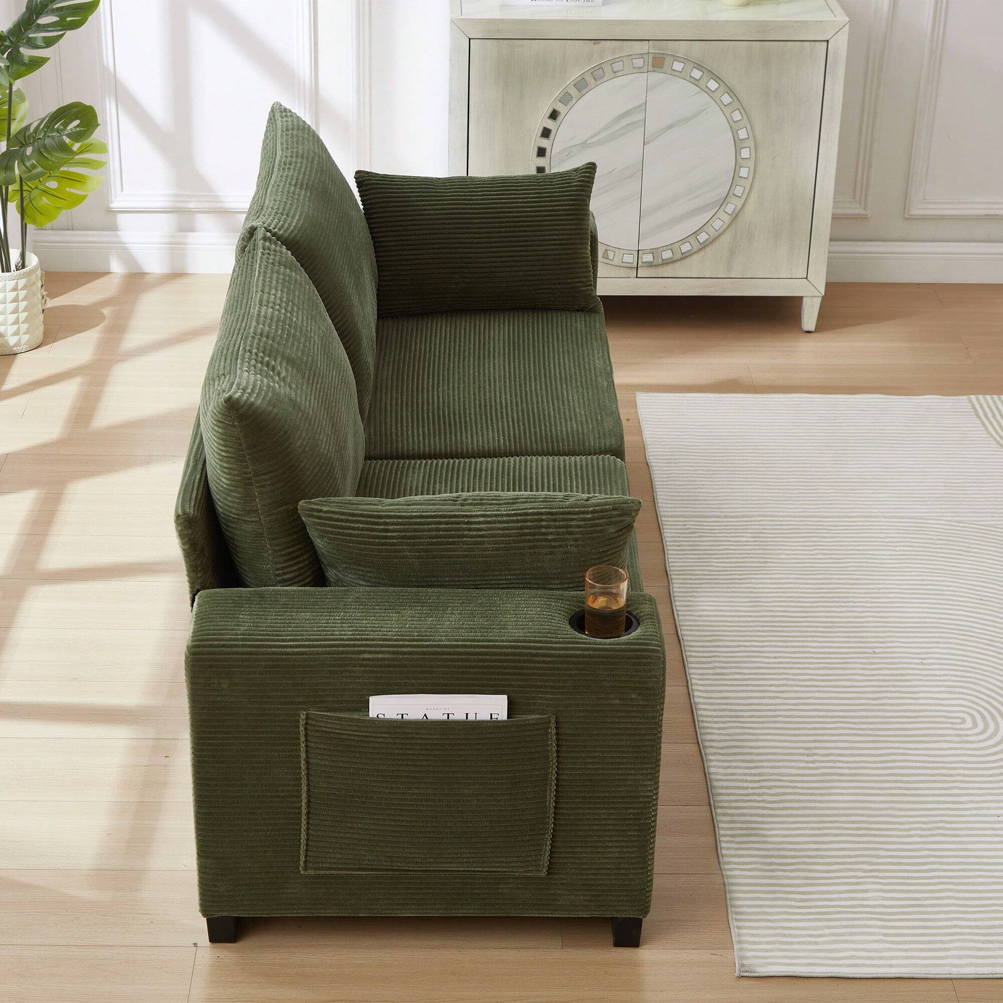 Back. Trinkets Crazed - 78" Corduroy Loveseat Sofa Couch, Comfy Couches For Living Room, Modern Sofa With Cup Holders - Green.