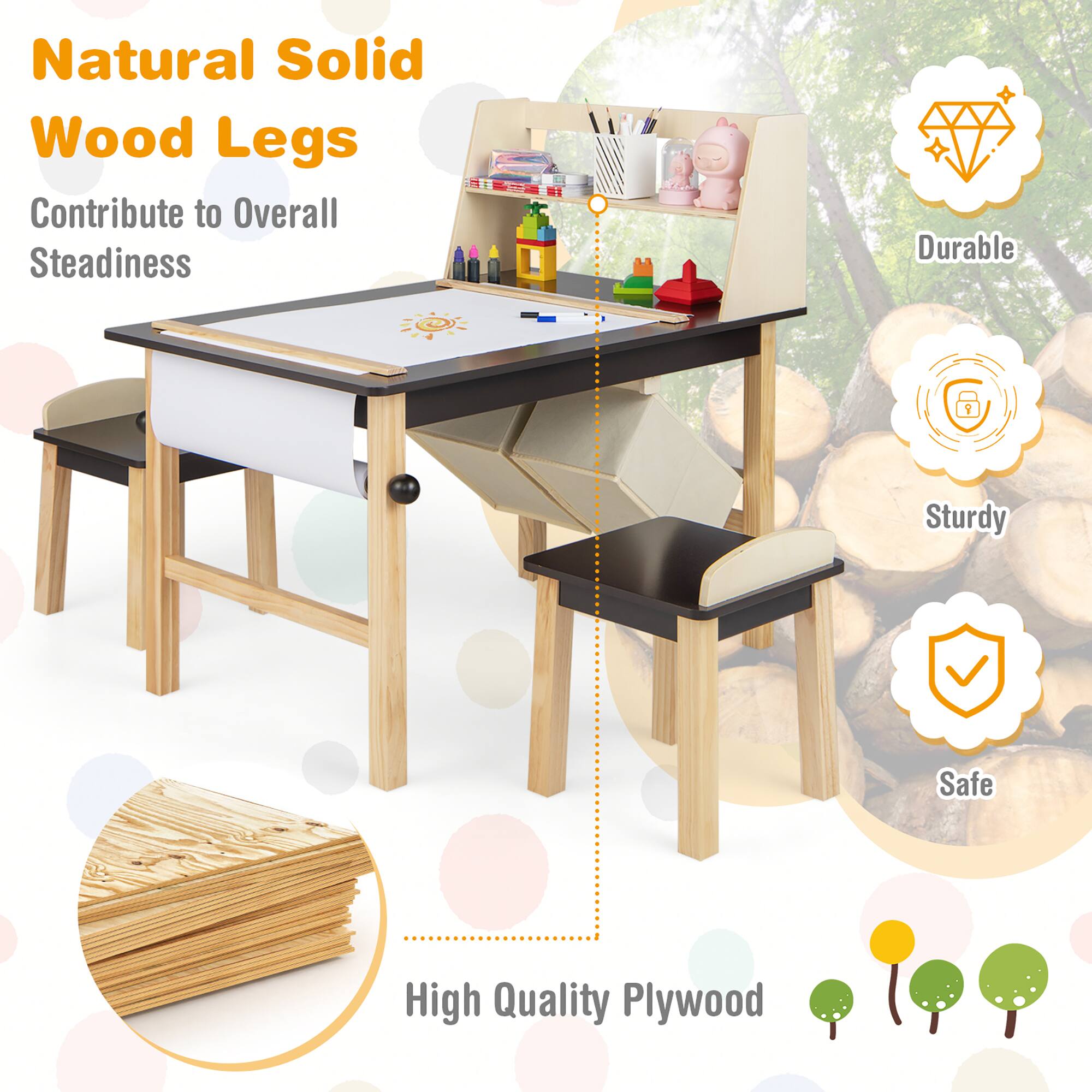 Natural Solid Wood Legs  
Contribute to Overall Steadiness  

Durable  
Sturdy  
Safe  

High Quality Plywood