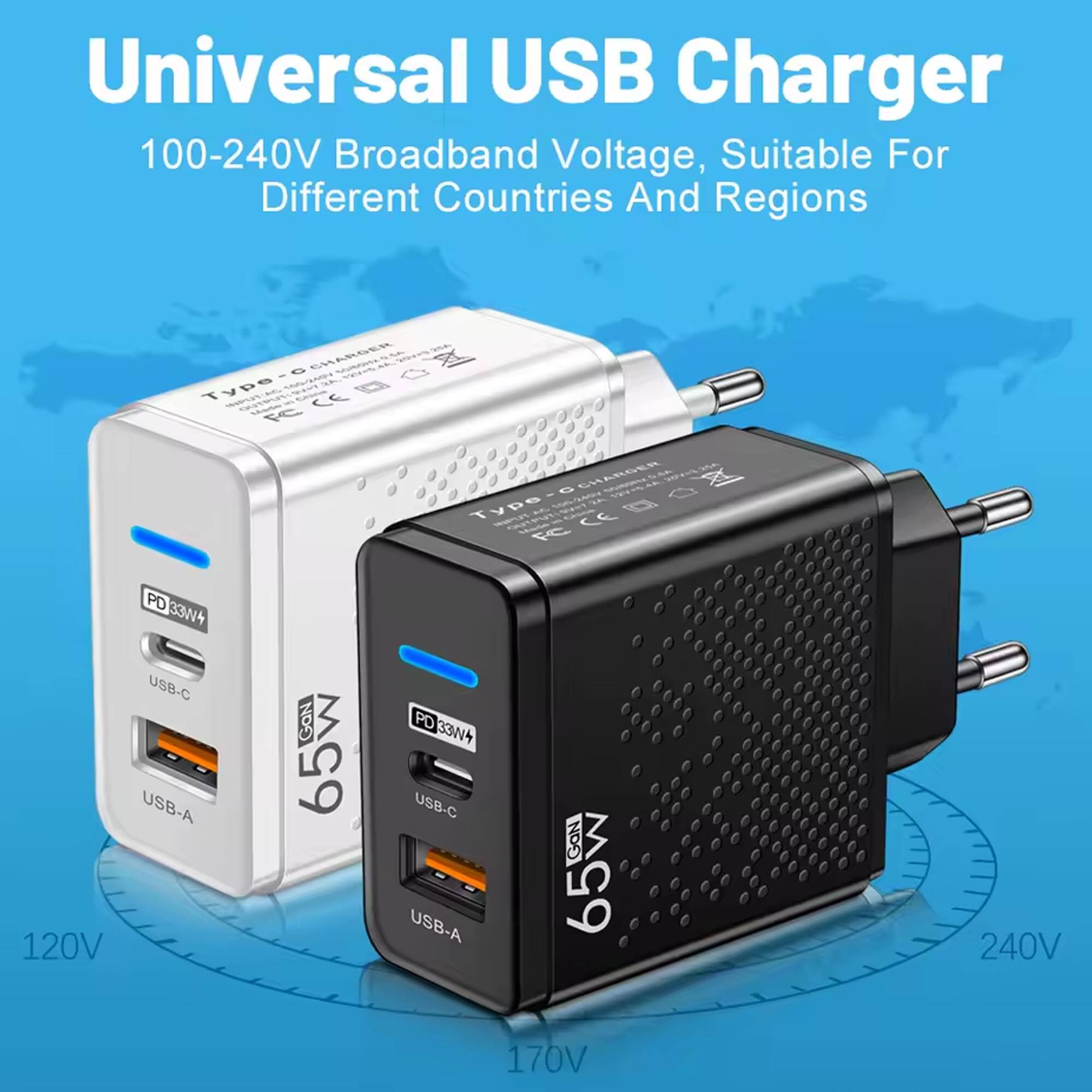 Universal USB Charger  
100-240V Broadband Voltage, Suitable For Different Countries And Regions  
Type 3 PD 33W4 USB-C GaN USB-A 65 120V  
Fetost FC C PD 33N4 USB-C GaN USB-A 65 240V 170V