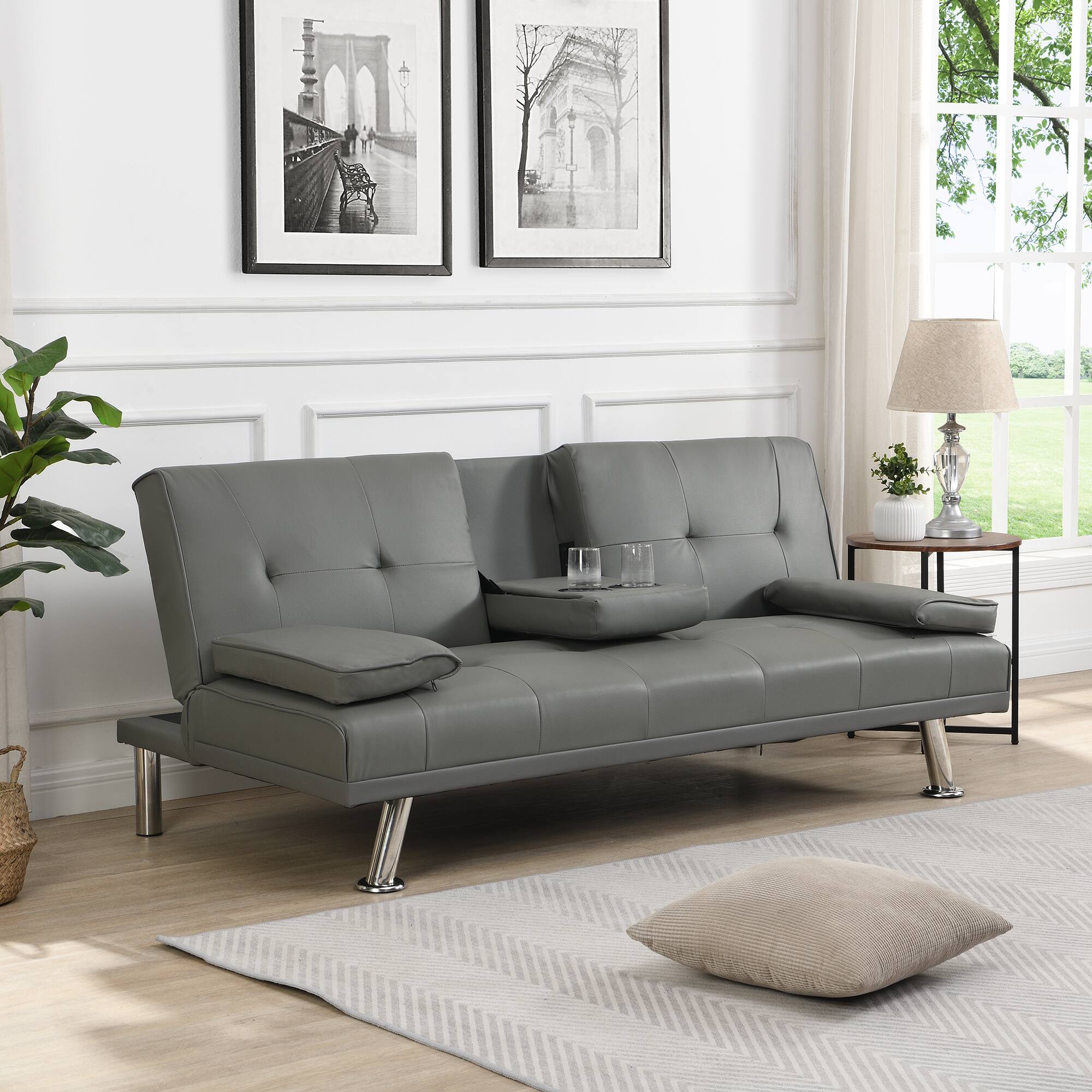 Tiramisubest Modern Sofa Bed with Armrest Two Holders, PVC Upholstery ...