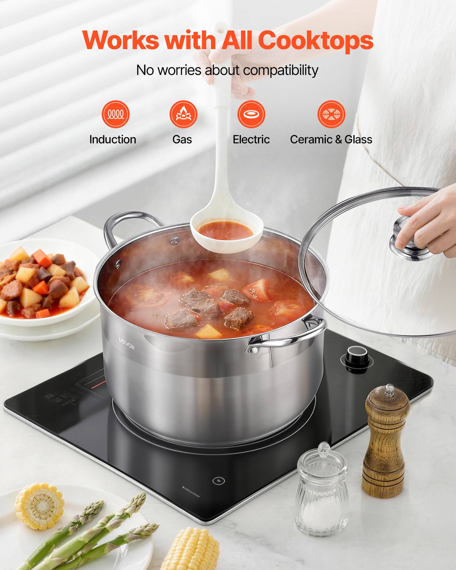 Works with All Cooktops  
No worries about compatibility  

Induction  
Gas  
Electric  
Ceramic & Glass