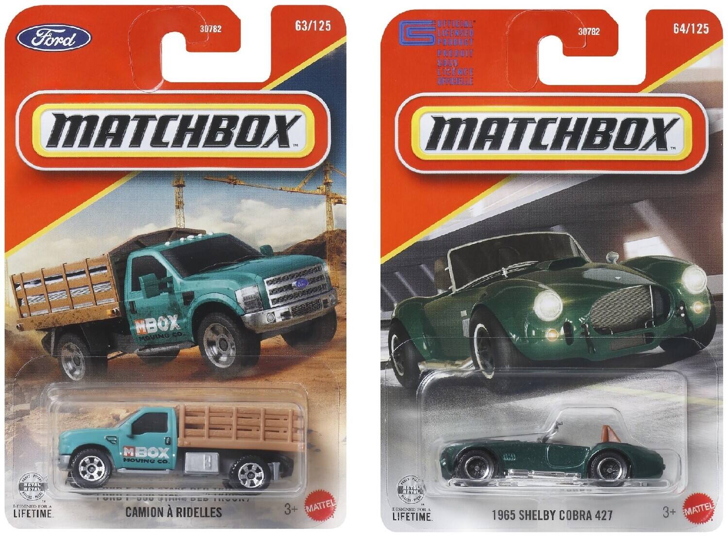 Ford 30782 63/125 OFFICIAL G LICENSED PRODUCT PRODUIT SOUS LICENCE OFFICIELLE 30782 64/125 MATCHBOX -N MATCHBOX T BOX CO MOVING E M MBOX MOVING CO. M P NETAL METES CAES M LOan 1. a LIFETIME DED CAMION  RIDELLES 3+ MATTEL CARE ATUC METE  LDMOEn T A LIFETIME 1965 SHELBY COBRA 427 3+ MATTEL