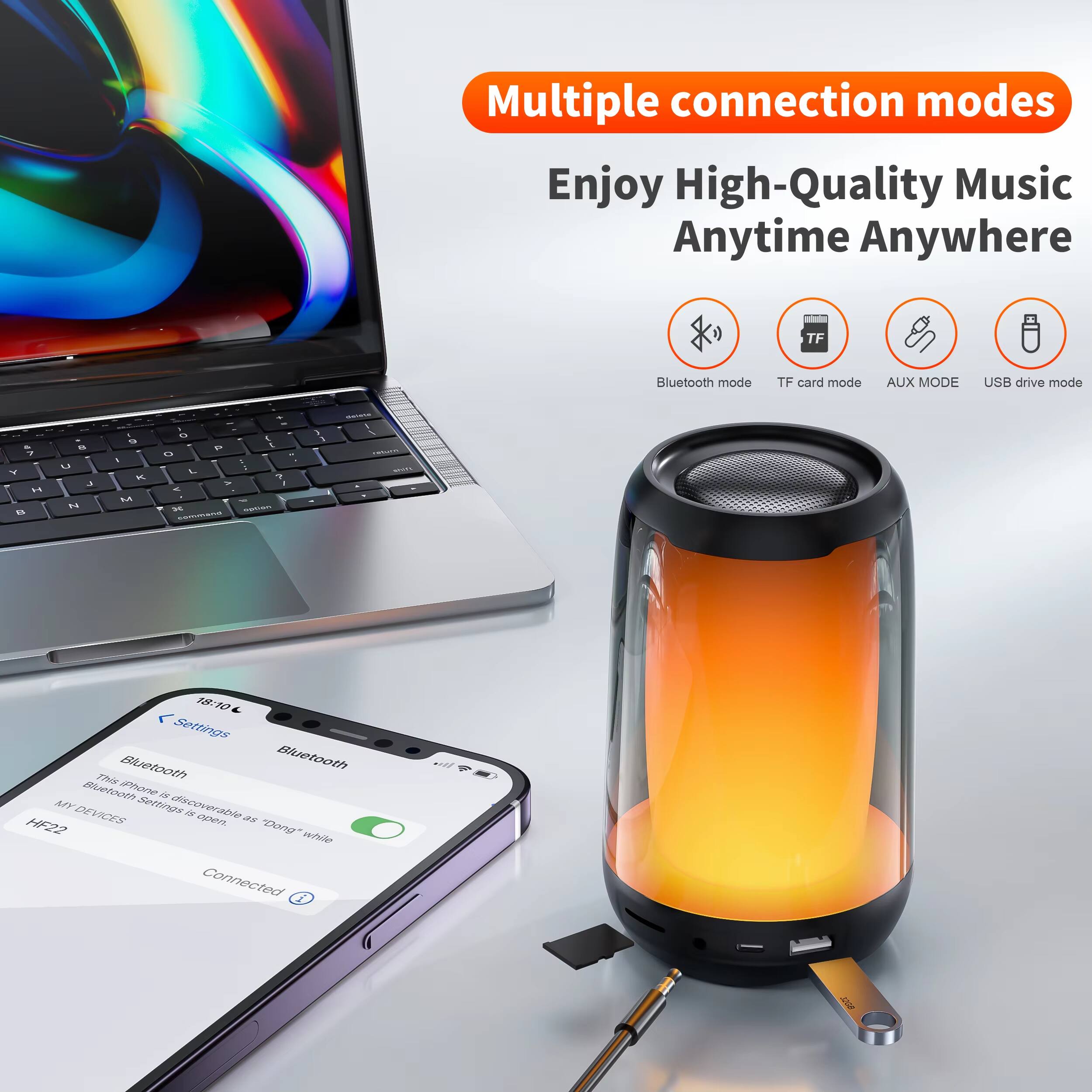 Multiple connection modes  
Enjoy High-Quality Music Anytime Anywhere  

- Bluetooth mode  
- TF card mode  
- AUX MODE  
- USB drive mode  

Settings  
Bluetooth  
This iPhone is discoverable as "Dong" while Bluetooth settings is open.  
MY DEVICES  
HF22  
Connected