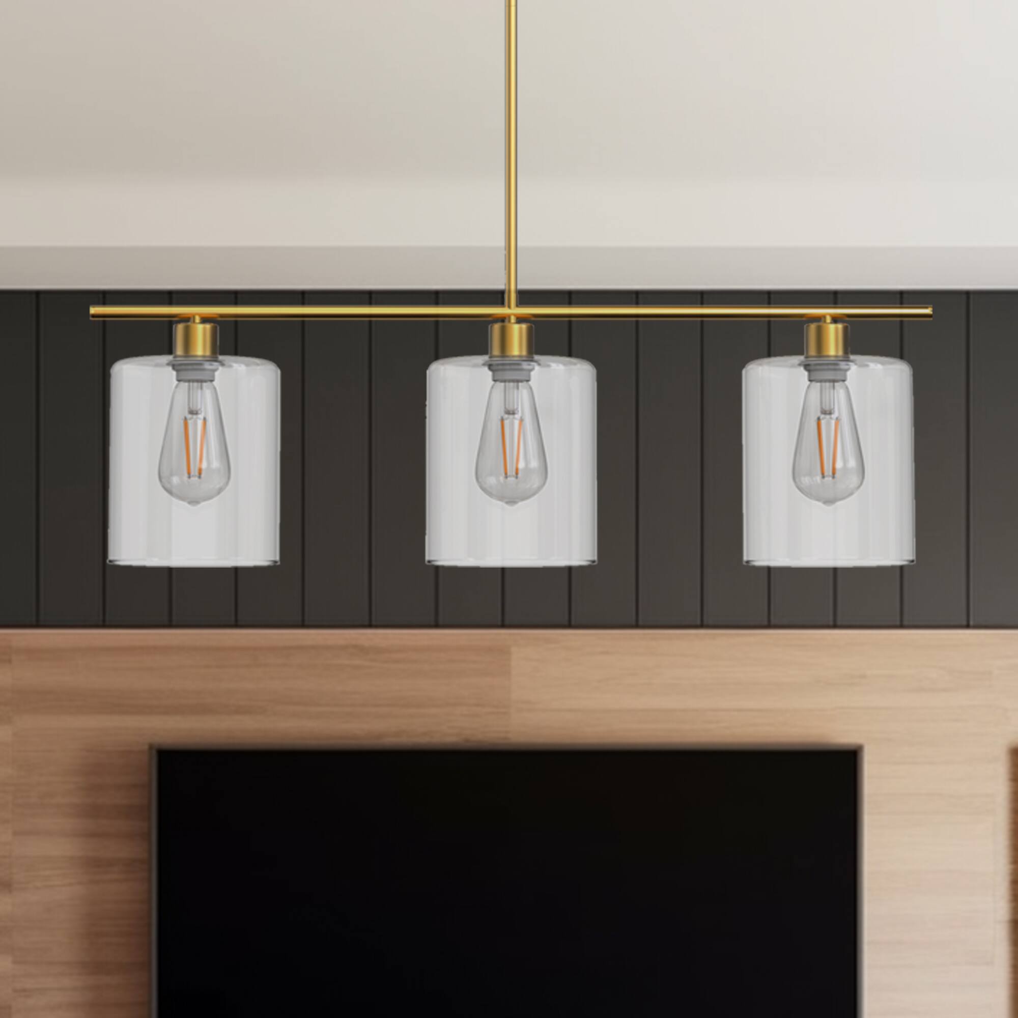 Angle. Jandcase - JANDCASE 3-Light Brass Island Pendant Light, Clear Glass Shades, E26 Socket, Non-Integrated Bulbs, for Kitchen Island - Gold.