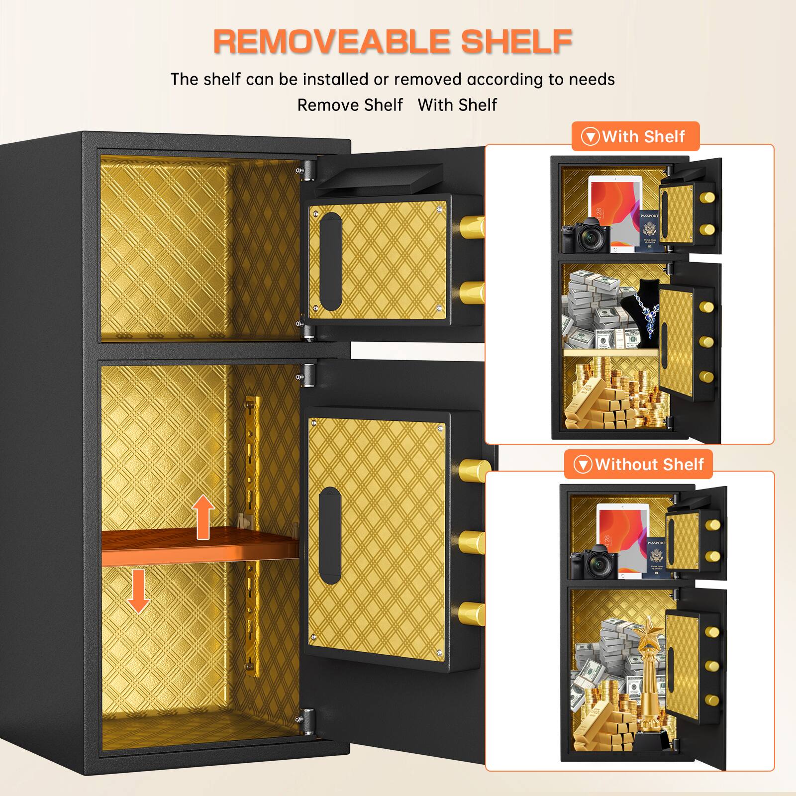 **REMOVABLE SHELF**

The shelf can be installed or removed according to needs

- Remove Shelf
- With Shelf

**With Shelf**

**Without Shelf**