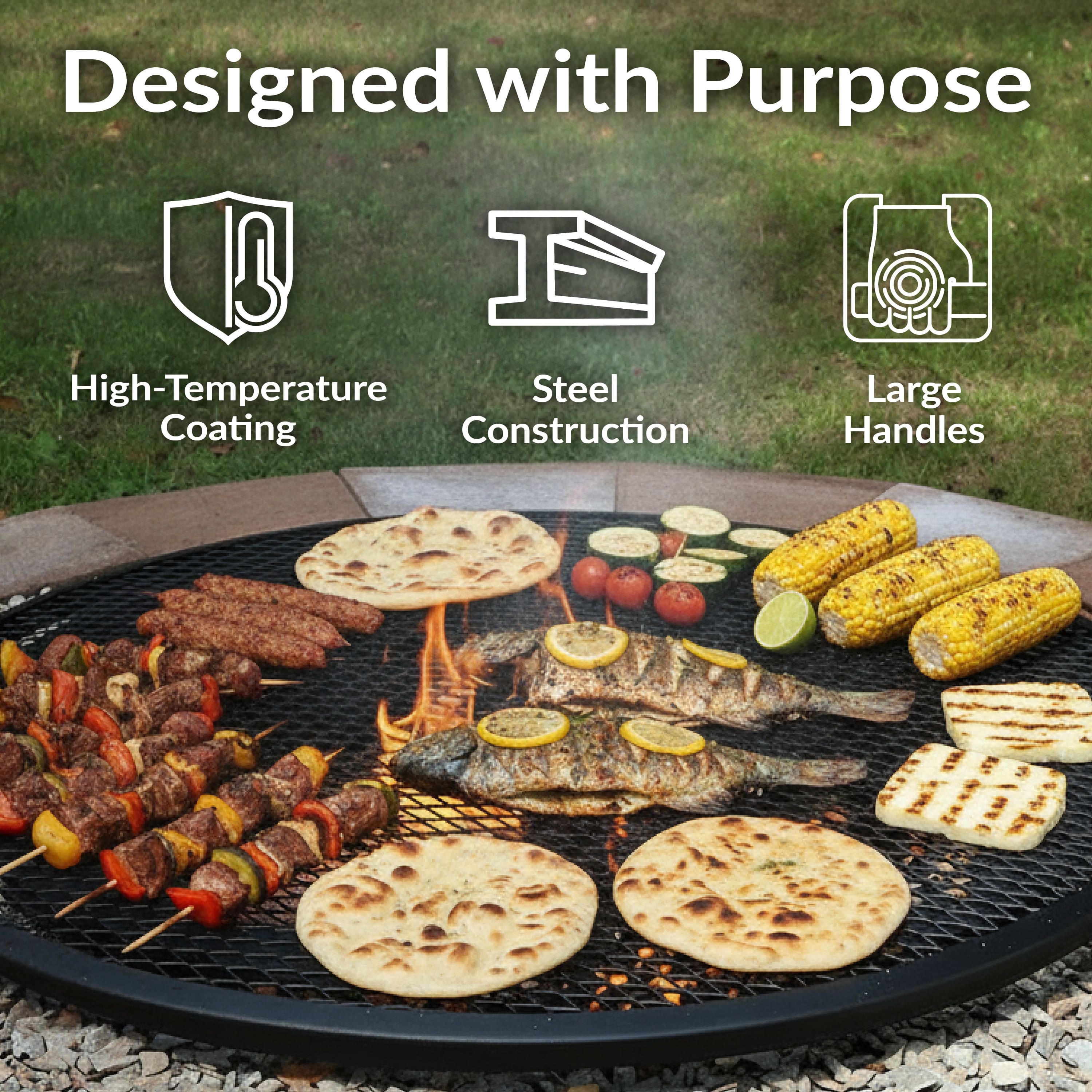 Sunnydaze 24 in Round Steel X Mark Fire Pit Cooking Grill with