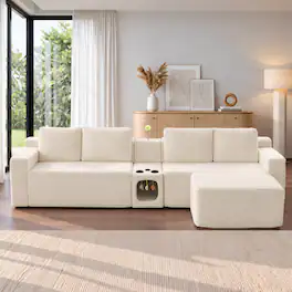 Meqiodas - 118" Corduroy Boneless Couch, Modular Sectional Sofa, with 1 Ottoman, Cat House Design, Storage & Cup Holders - Beige