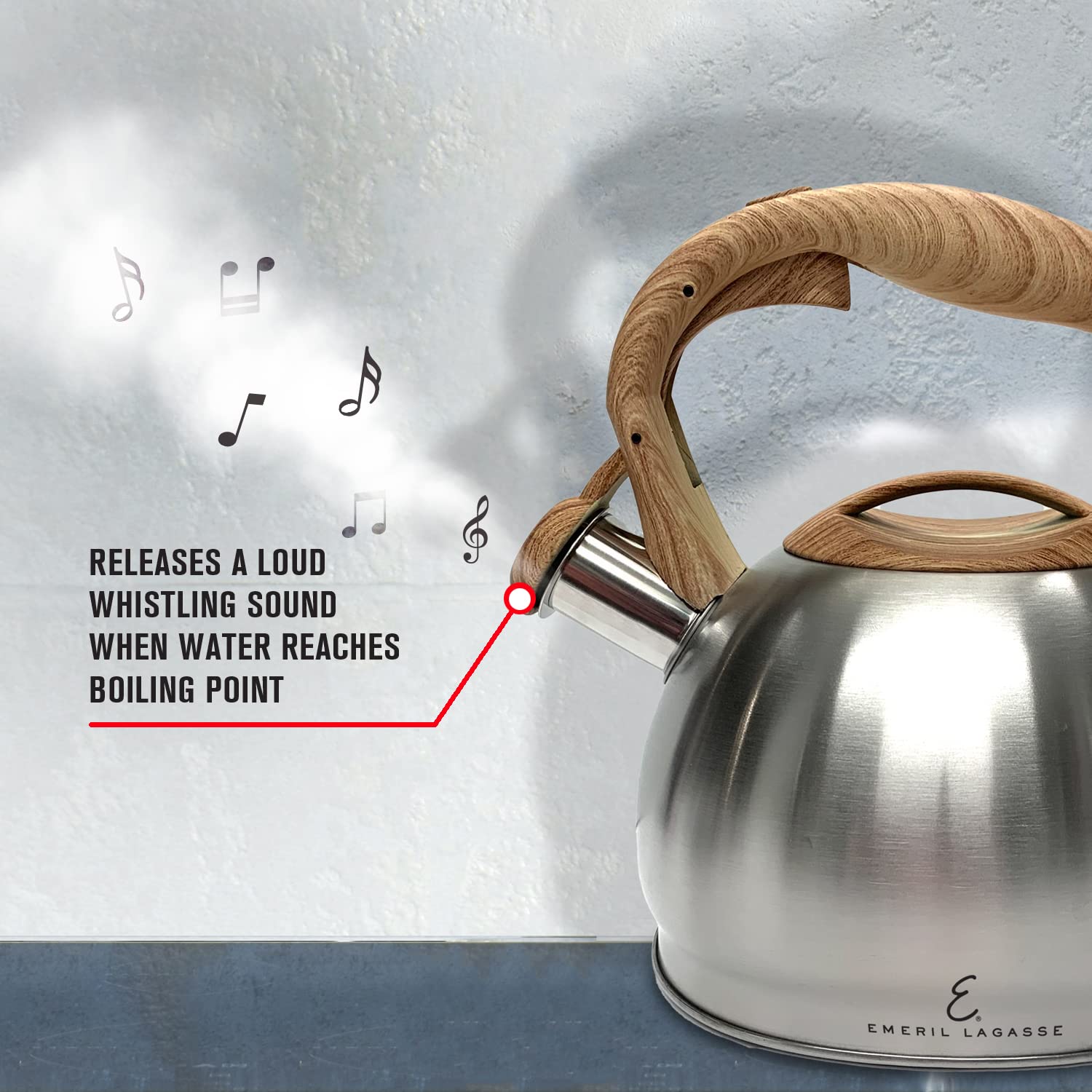 RELEASES A LOUD WHISTLING SOUND WHEN WATER REACHES BOILING POINT  
E. EMERIL LAGASSE