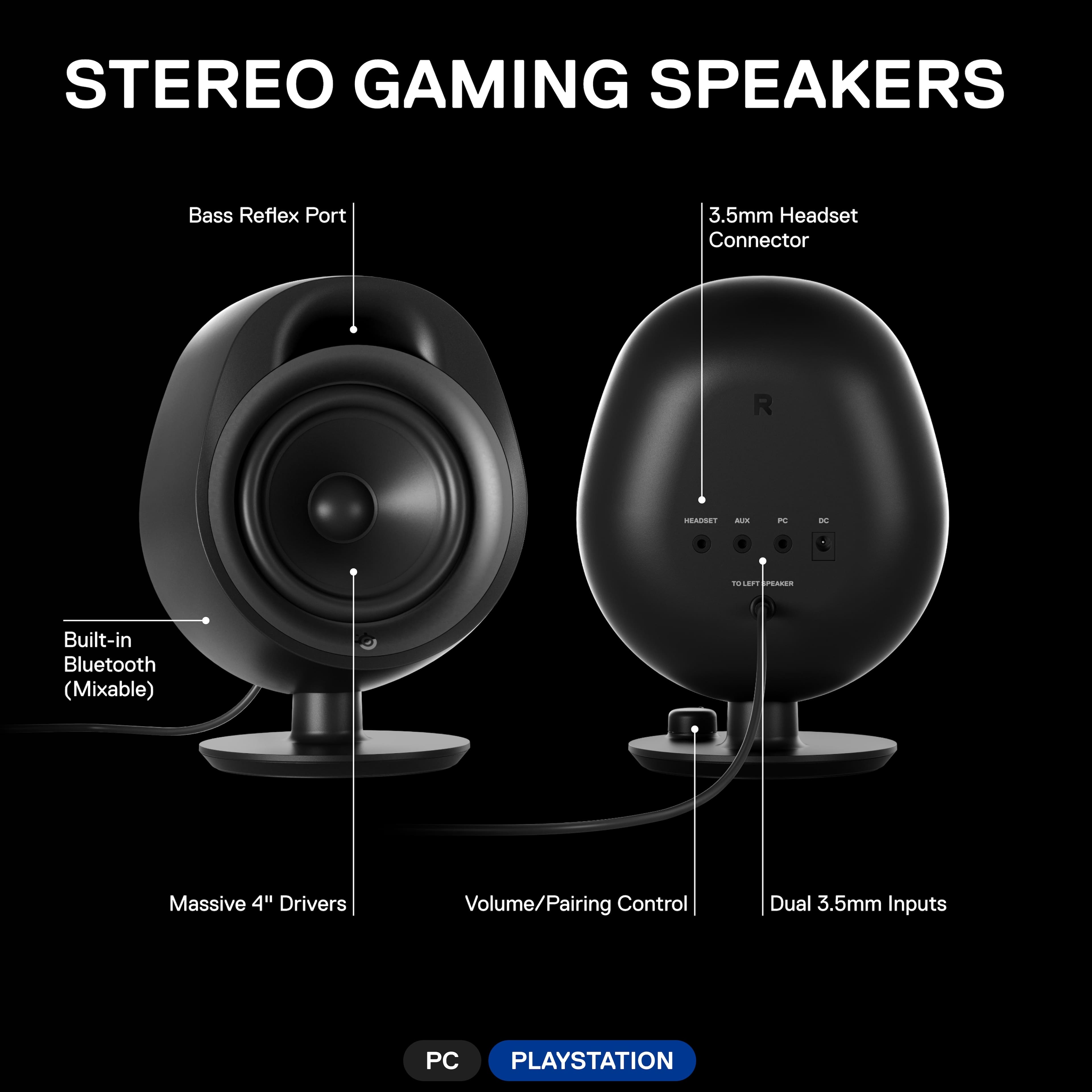 STEREO GAMING SPEAKERS Bass Reflex Port 3.5mm Headset Connector Built-in Bluetooth (Mixable) Massive 4" Drivers Volume/Pairing Control Dual 3.5mm Inputs PC PLAYSTATION