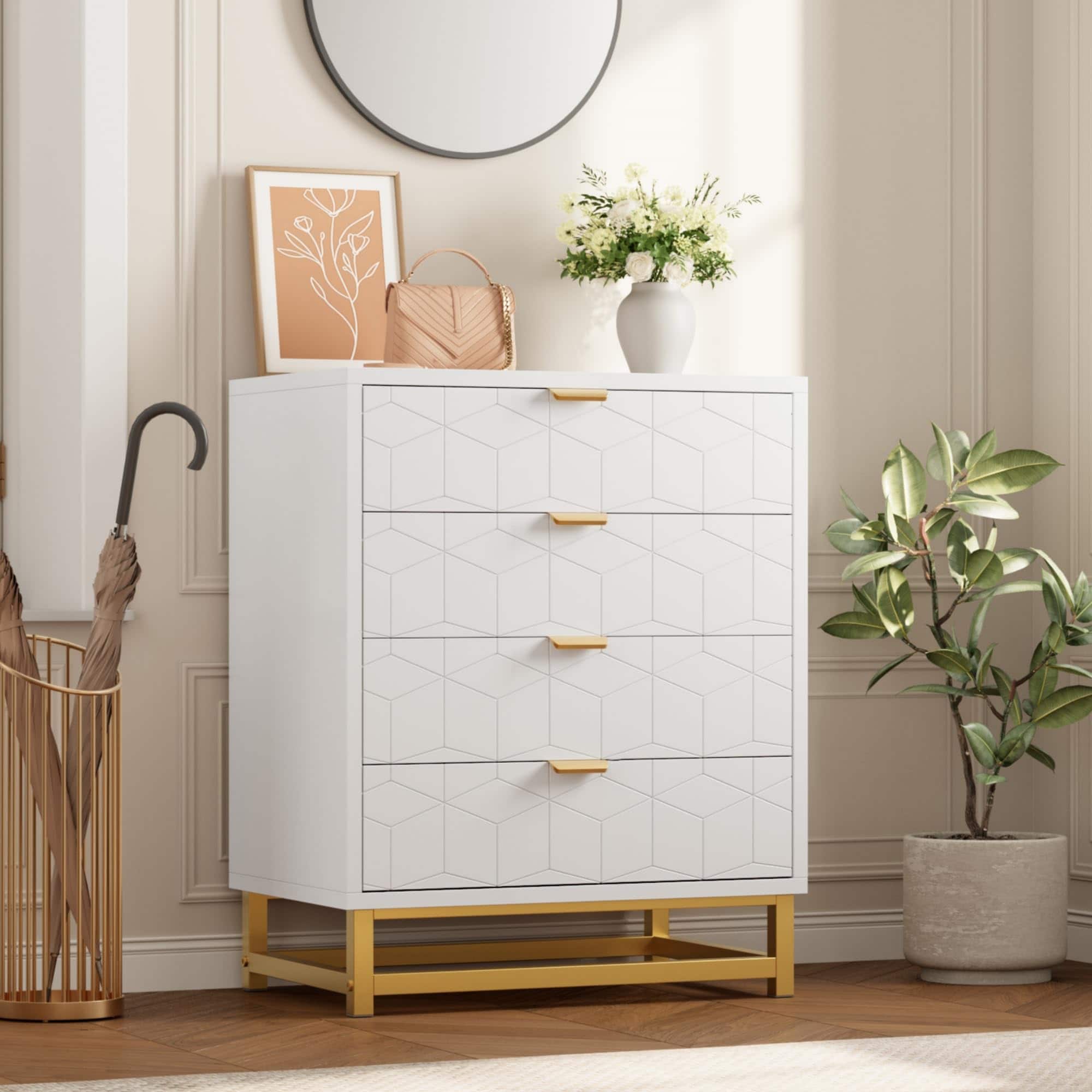 Qeetex - 4 Drawer Dresser for Bedroom, Modern Chest with Gold Metal Handles, Storage for Hallway, Entryway - White
