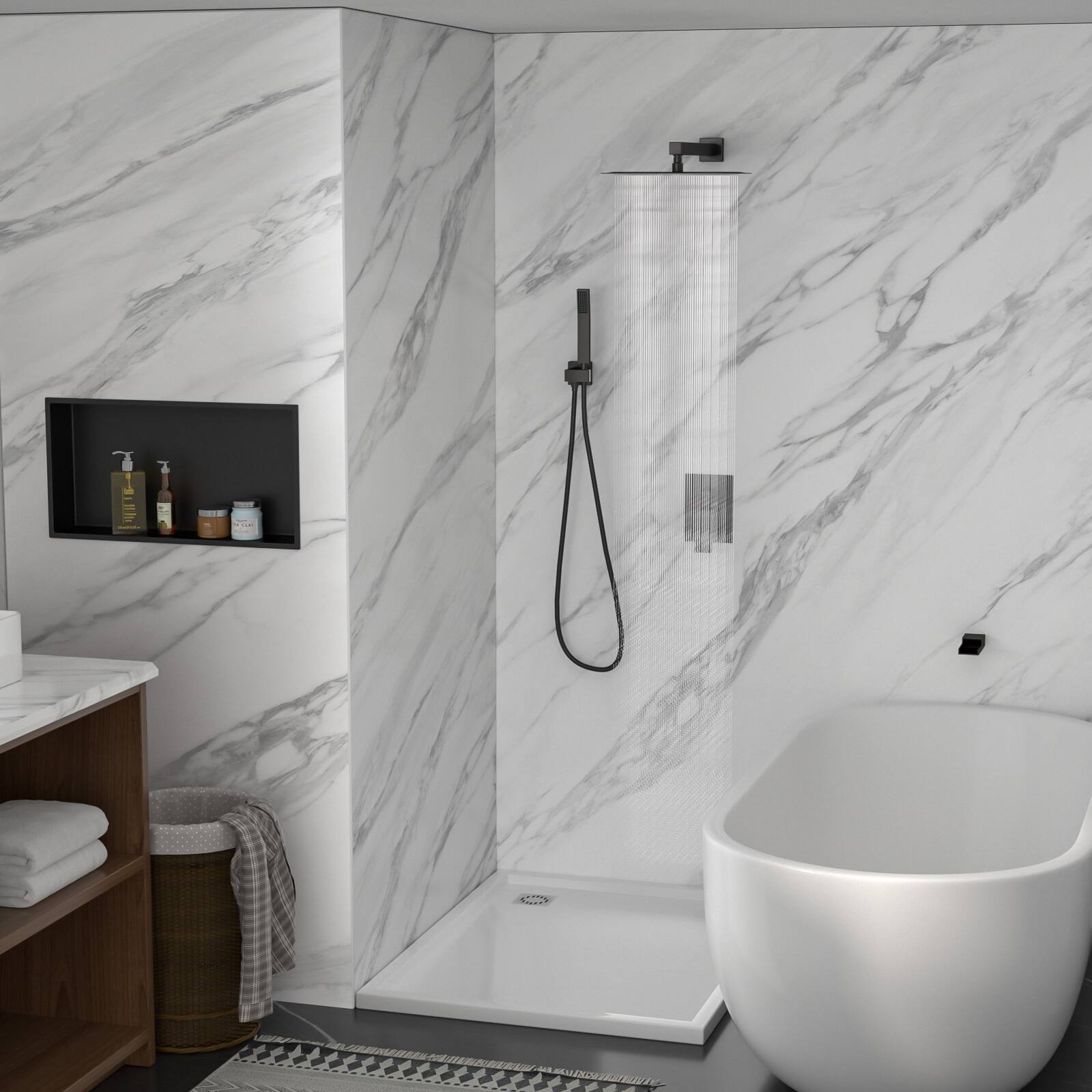 Angle. Lordear - Shower System with Waterfall Tub Spout,12 Inch Wall Mounted Square Shower System with Rough-in Valve,Oil Rubber Bronze - Oil Rubber Bronze.