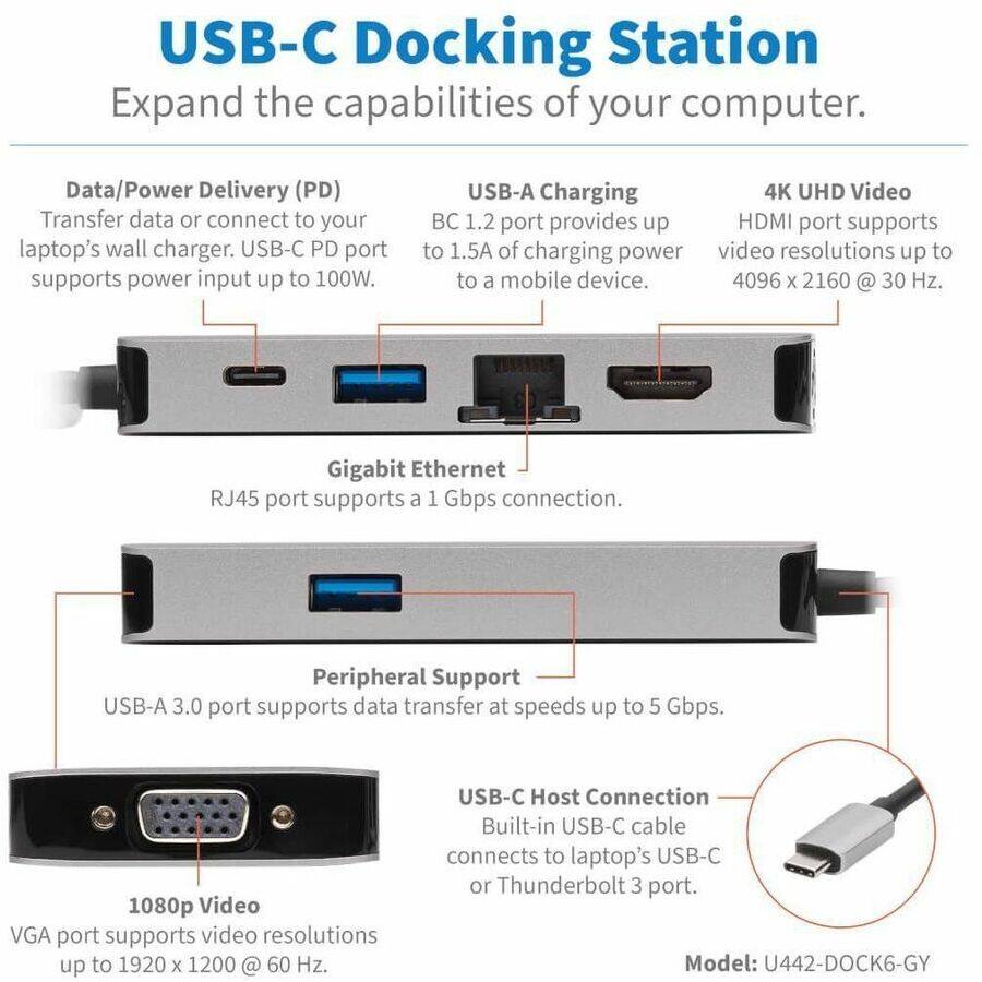 USB-C Docking Station  
Expand the capabilities of your computer.

Data/Power Delivery (PD)  
Transfer data or connect to your laptop's wall charger. USB-C PD port supports power input up to 100W.

USB-A Charging  
BC 1.2 port provides up to 1.5A of charging power to a mobile device.

4K UHD Video  
HDMI port supports video resolutions up to 4096 x 2160 @ 30 Hz.

Gigabit Ethernet  
RJ45 port supports a 1 Gbps connection.

Peripheral Support  
USB-A 3.0 port supports data transfer at speeds up to 5 Gbps.

1080p Video  
VGA port supports video resolutions up to 1920 x 1200 @ 60 Hz.

USB-C Host Connection  
Built-in USB-C cable connects to laptop's USB-C or Thunderbolt 3 port.

Model: U442-DOCK6-GY