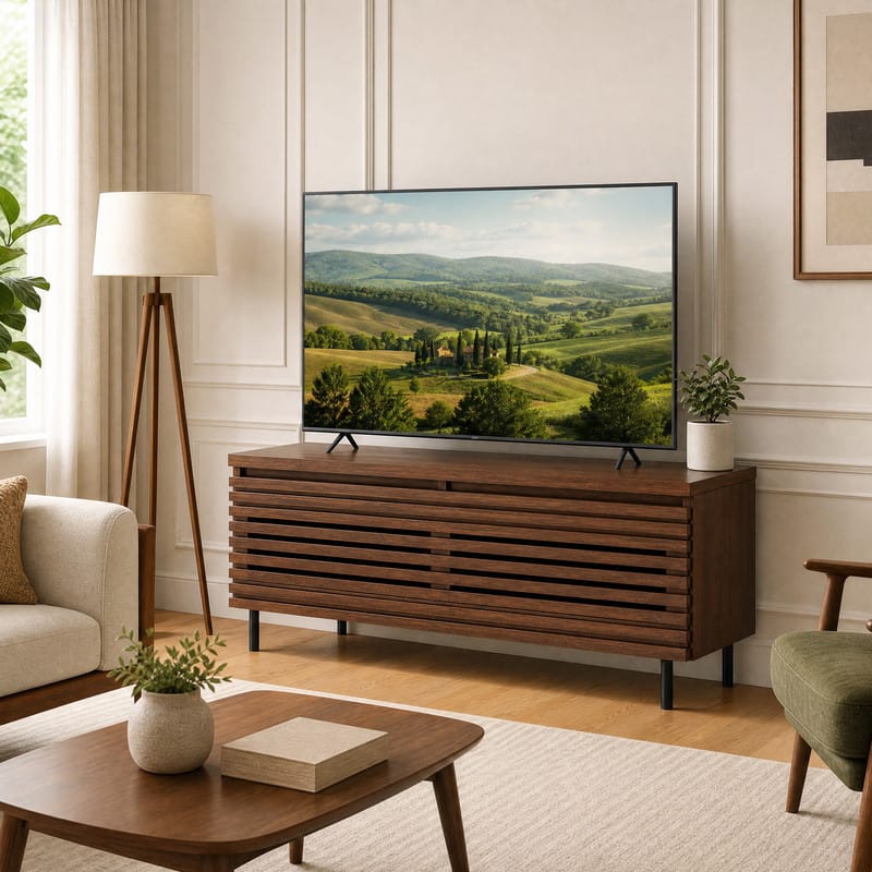 WELLFOR - Mid Century Modern TV Stand for 40" TVs, Fluted Entertainment Center with 2 Hidden Compartments and Metal Legs - Walnut