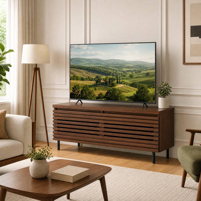 Front. WELLFOR - Mid Century Modern TV Stand for 40" TVs, Fluted Entertainment Center with 2 Hidden Compartments and Metal Legs - Walnut.
