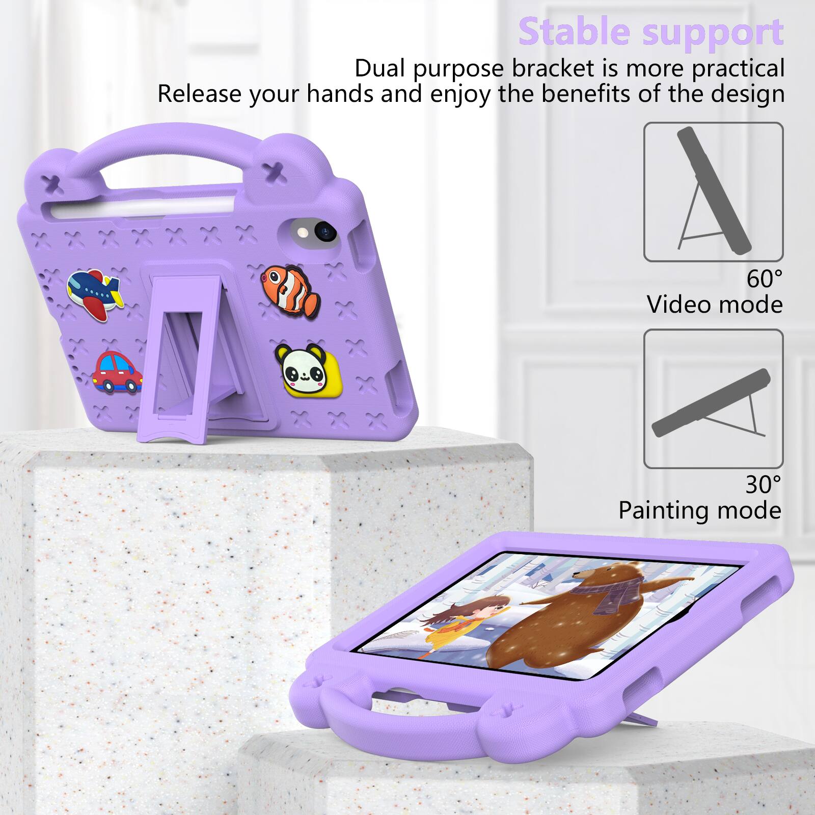 Stable support  
Dual purpose bracket is more practical  
Release your hands and enjoy the benefits of the design  

60° Video mode  
30° Painting mode