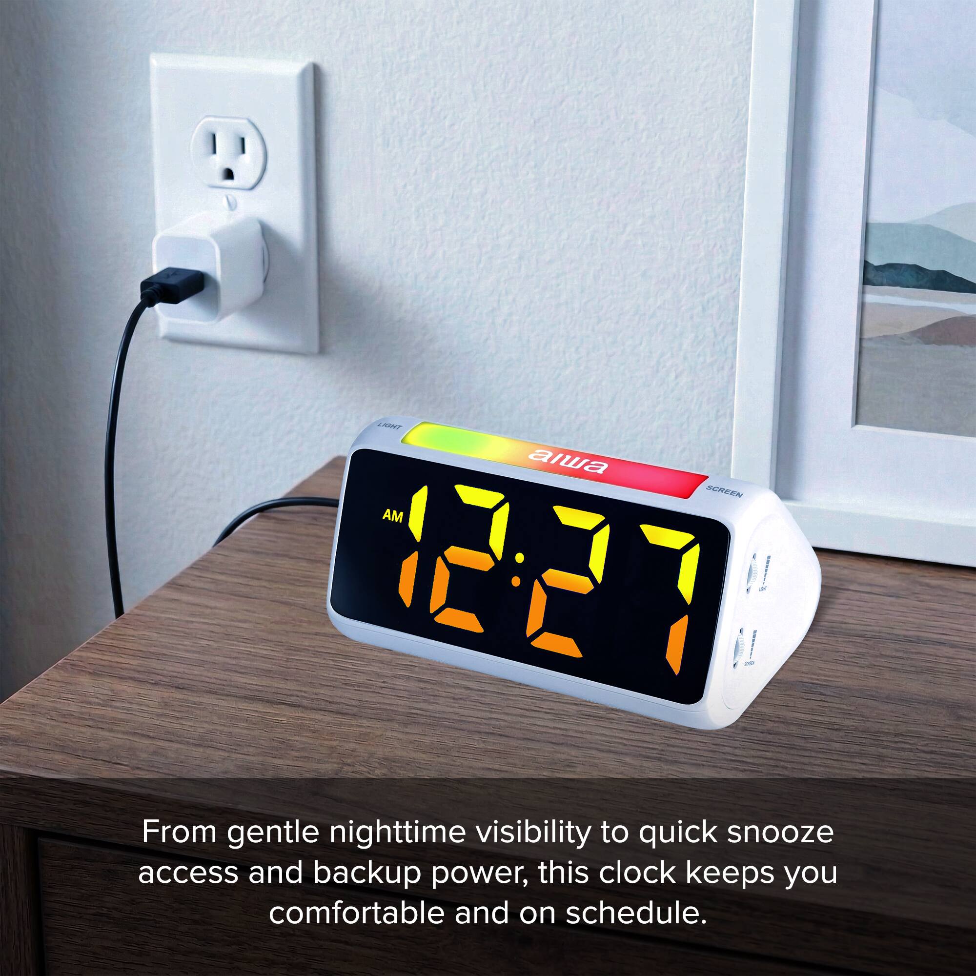LIGHT aiwa SCREEN AM 12:27

From gentle nighttime visibility to quick snooze access and backup power, this clock keeps you comfortable and on schedule.