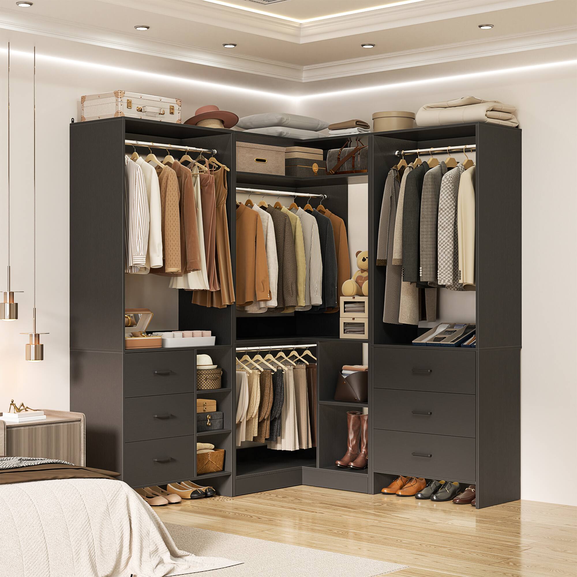 Alt View 6. Aheaplus - L Shaped Closet System with 4 Drawers, 4 Hanging Rods, and Corner Tower, 80.9'' Corner Wardrobe System, Reversible - Black.