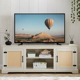 Chateau Abodes - 65" Farmhouse TV Stand Entertainment Console 2 Storage Shelves, 2 Natural Rattan Door Cabinets for TV Up to 70" - Antique White