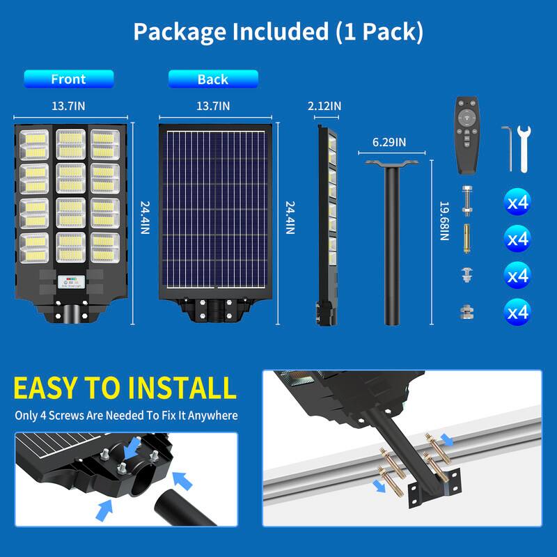 Package Included (1 Pack)

Front
- 13.7IN
- 24.4IN

Back
- 13.7IN
- 24.4IN
- 2.12IN
- 6.29IN
- 19.68IN

EASY TO INSTALL
Only 4 Screws Are Needed To Fix It Anywhere

Included:
- Remote Control
- Screws x4
- Mounting Brackets x4
- Adhesive Strips x4