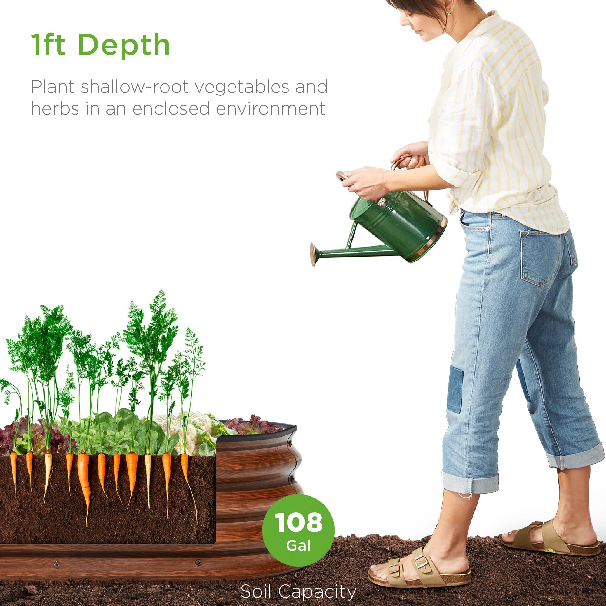 1ft Depth  
Plant shallow-root vegetables and herbs in an enclosed environment  

108 Gal  
Soil Capacity