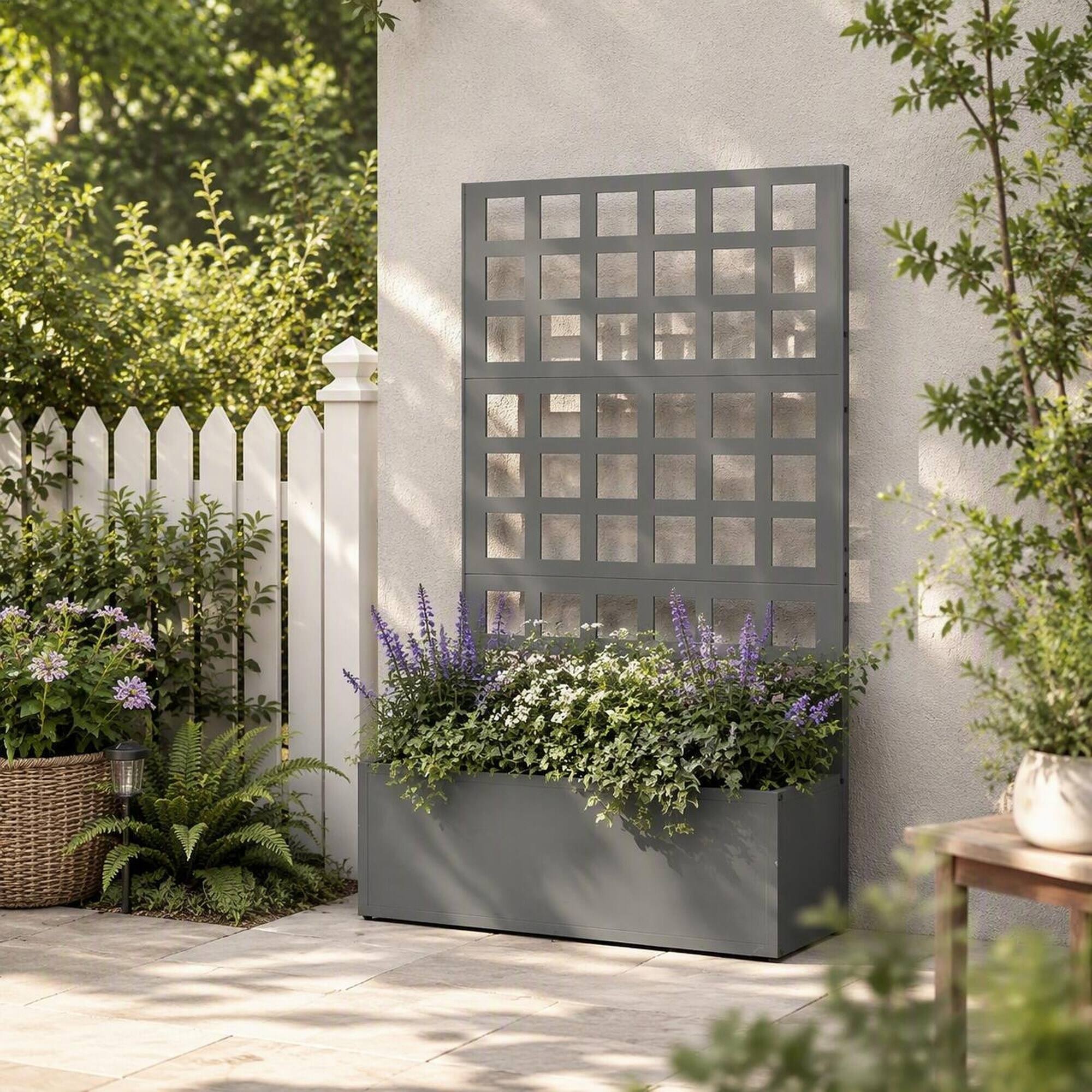 Back. RYHNUYNE - Galvanized Steel Raised Garden Bed with Trellis for Climbing Plants, Gray Planter Box 24x9x44.5 Inches Outdoor - Gray.