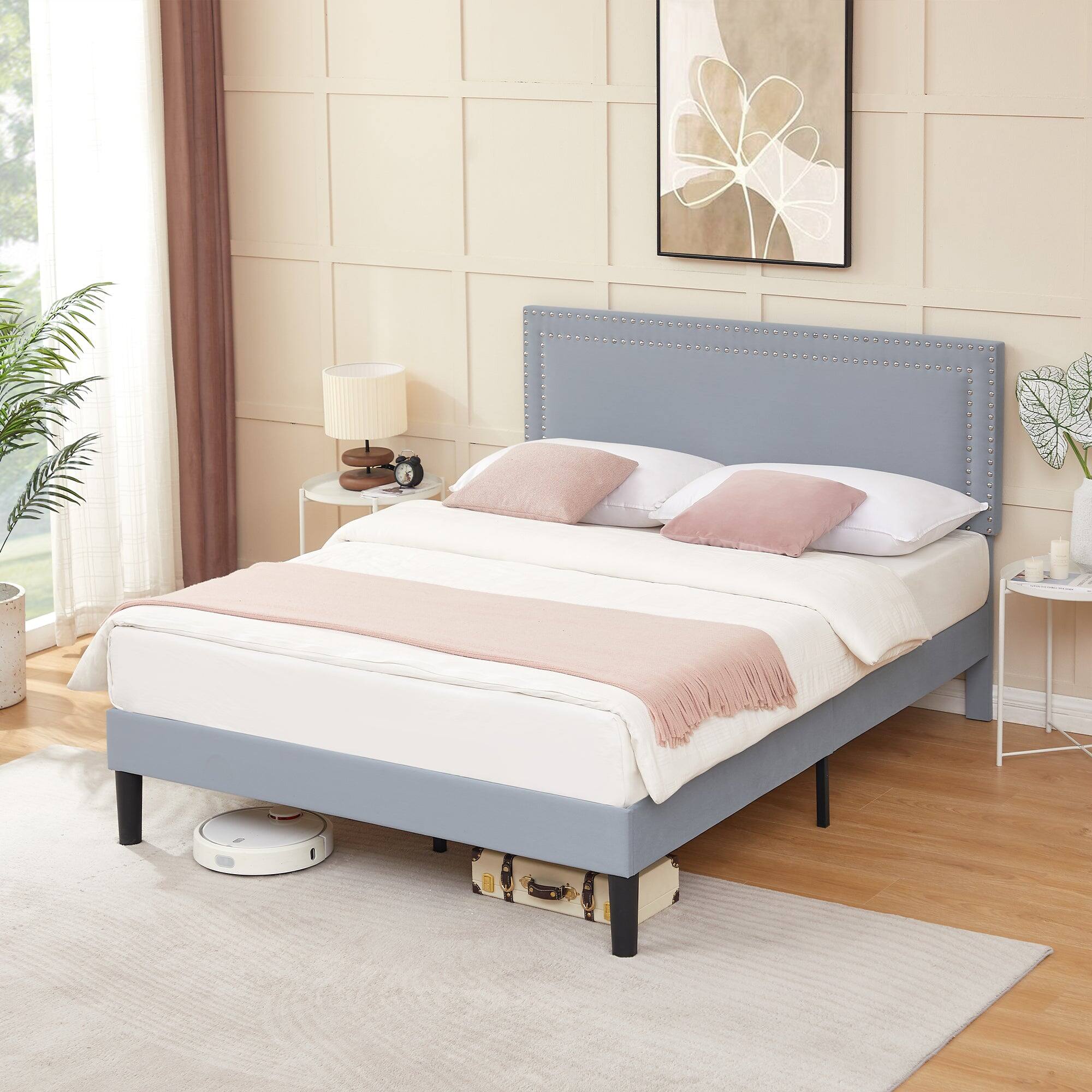 Alt View 1. Vecelo - Queen Size Platform Bed Frame with Adjustable Upholstered Headboard, Strong Wood Slat Support,No Box Spring Needed - Light Gray.