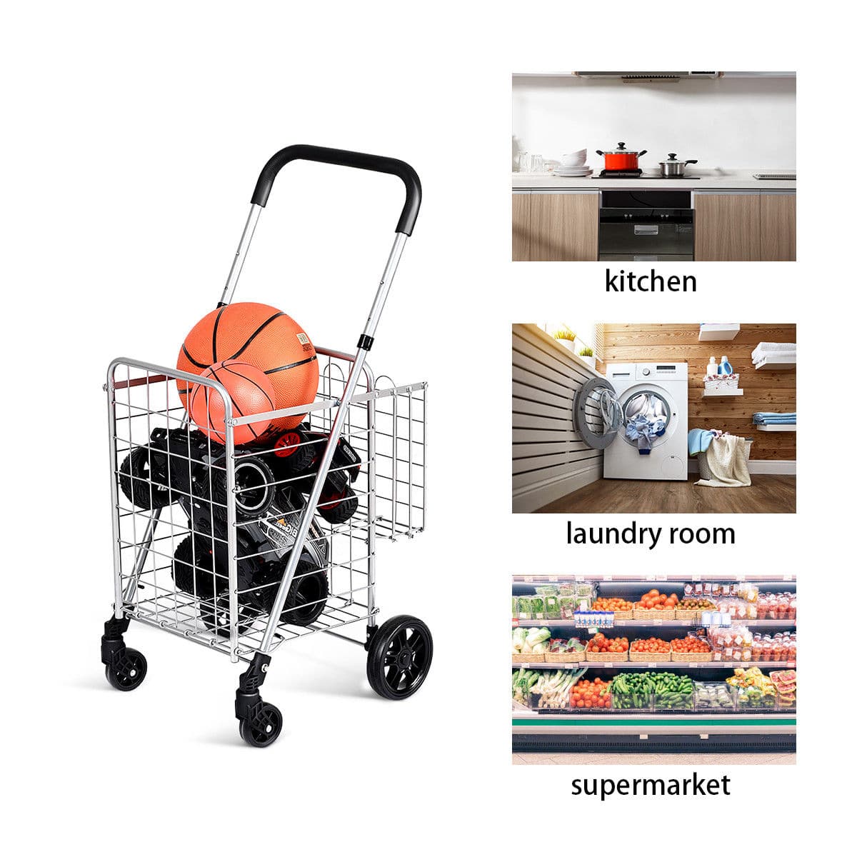 The image shows a shopping cart with a basketball in it, and the cart is being pushed through a kitchen. The kitchen is filled with various items such as a refrigerator, a microwave, and a sink. The cart is also being used to transport items to the laundry room, which is equipped with a washing machine and a dryer. The cart is also being used to transport items to a supermarket, where a variety of groceries can be found.