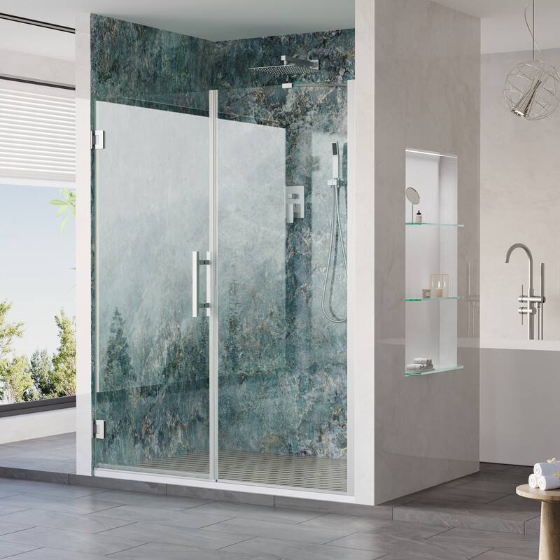 Angle. WELLFOR - 57–58 in. W x 72 in. H Frameless Hinged Shower Door with 3/8" Clear Tempered Glass, Reversible Opening - Chrome.