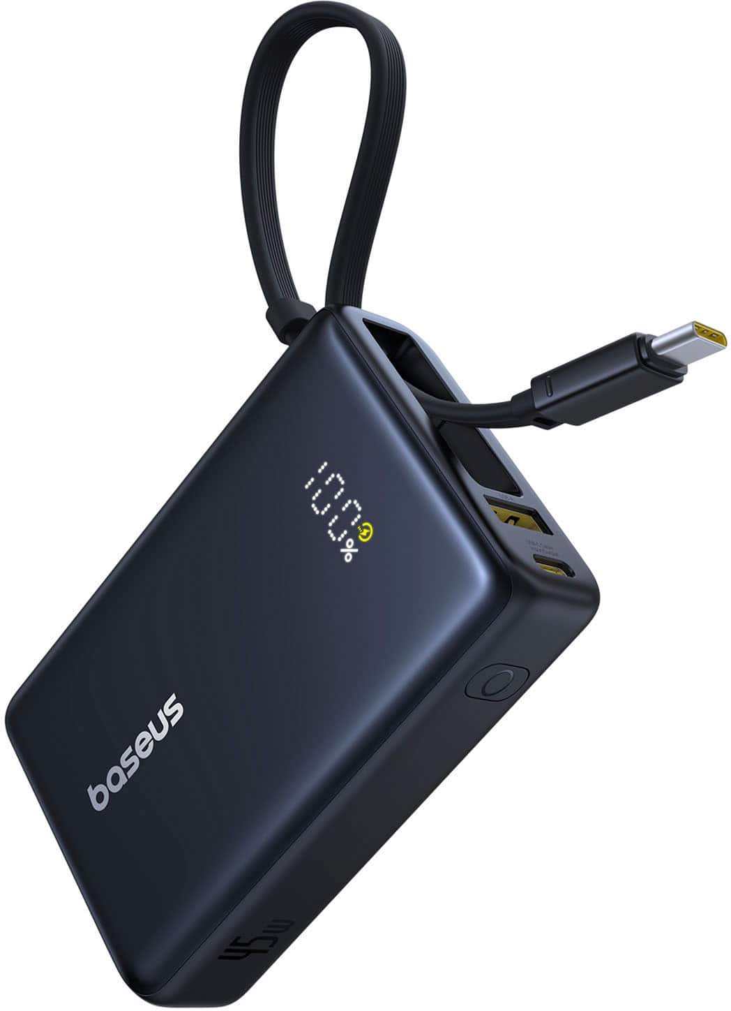 Baseus - PicoGo Power Bank 10000mAh 45W Digital Display with USB C Retractable Cable Battery Charger - Black - Front_Zoom