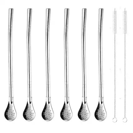 Front. Kitcheniva - 6 Pcs Stainless Steel Reusable Drinking Straw Set With Filter Spoon & Brushes - Silver.