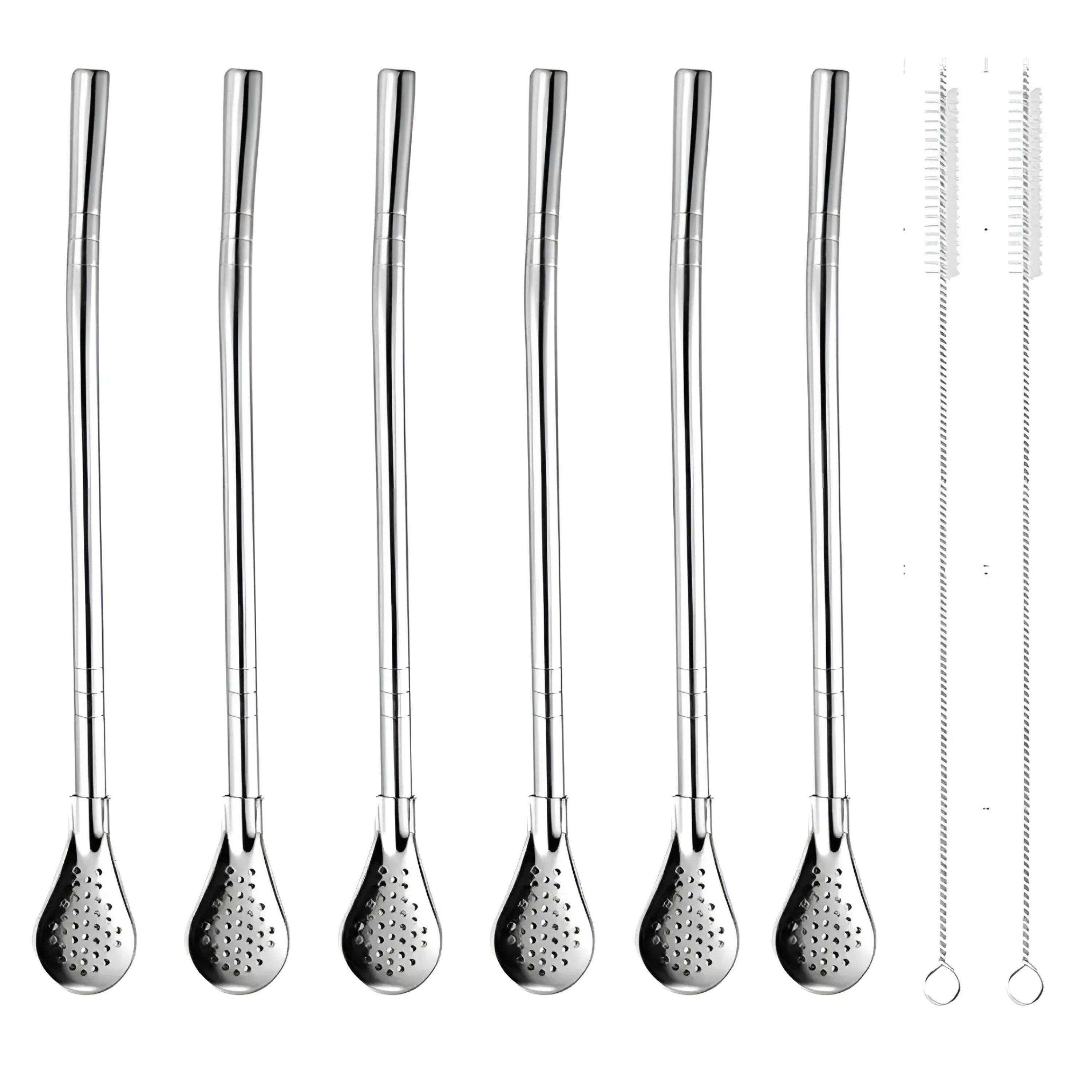 Front. Kitcheniva - 6 Pcs Stainless Steel Reusable Drinking Straw Set With Filter Spoon & Brushes - Silver.
