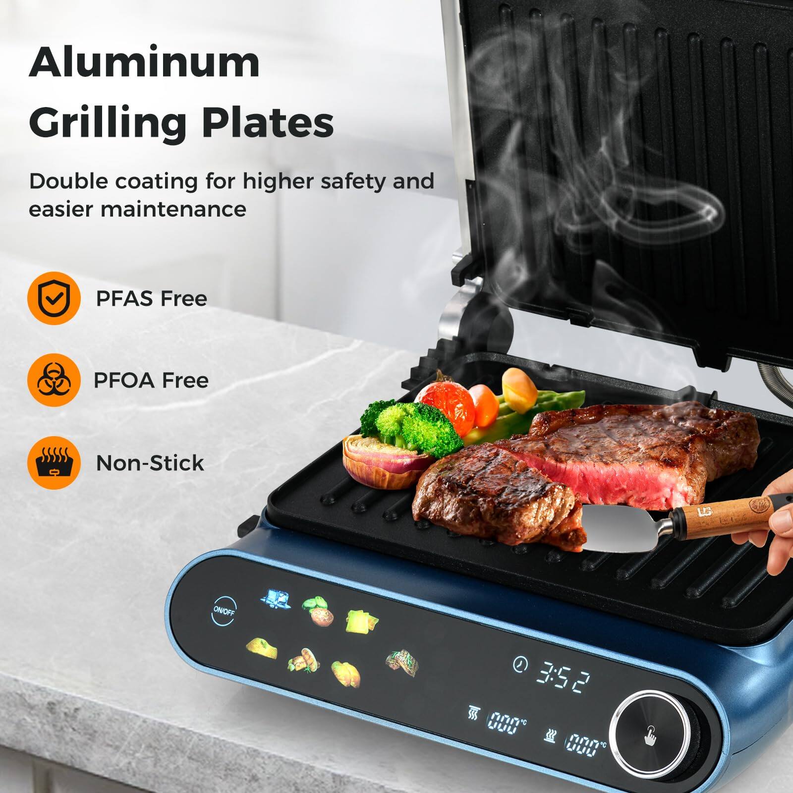 Aluminum Grilling Plates

Double coating for higher safety and easier maintenance

- PFAS Free
- PFOA Free
- Non-Stick

LG ON/OFF

3:52