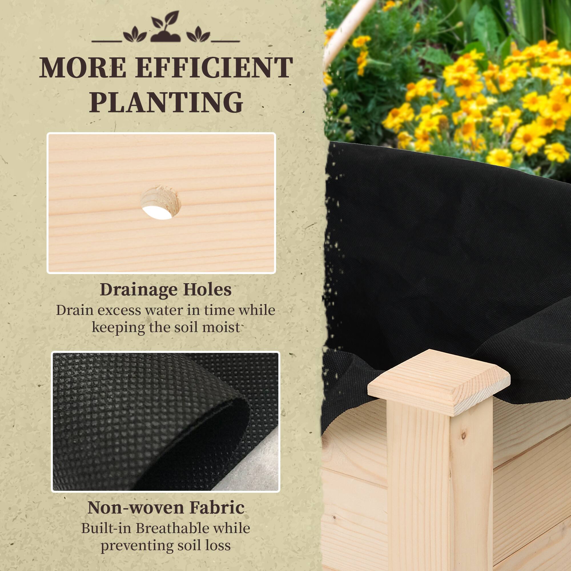 MORE EFFICIENT PLANTING

Drainage Holes  
Drain excess water in time while keeping the soil moist

Non-woven Fabric  
Built-in Breathable while preventing soil loss