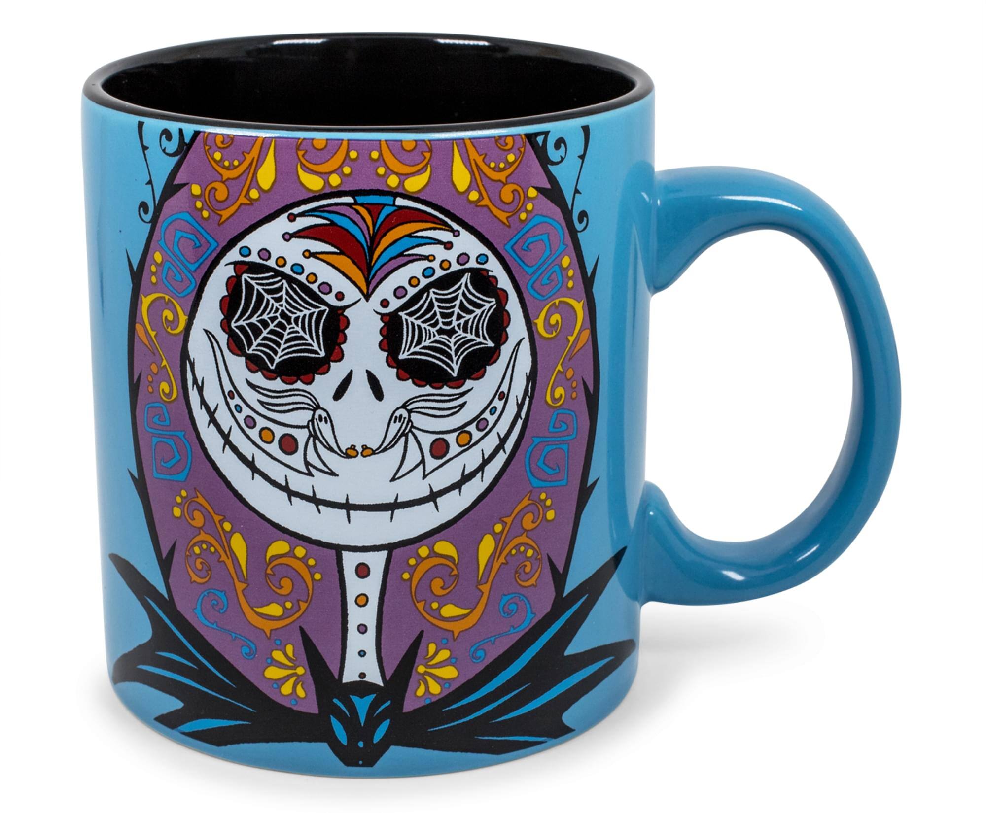 Front. Disney - Nightmare Before Christmas Jack & Sally Day of the Dead Ceramic Mug | 20 Ounces - Blue.