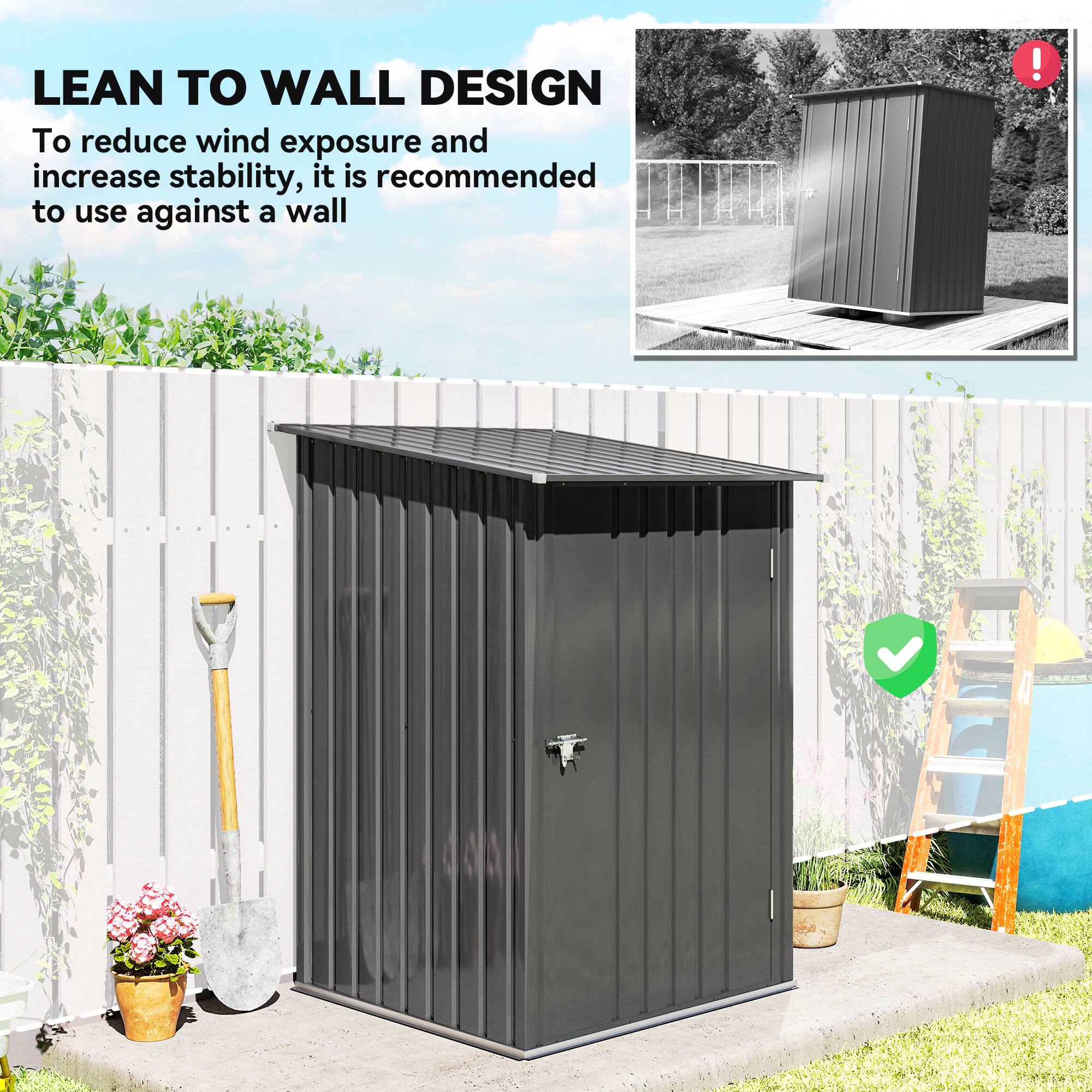 LEAN TO WALL DESIGN  
To reduce wind exposure and increase stability, it is recommended to use against a wall