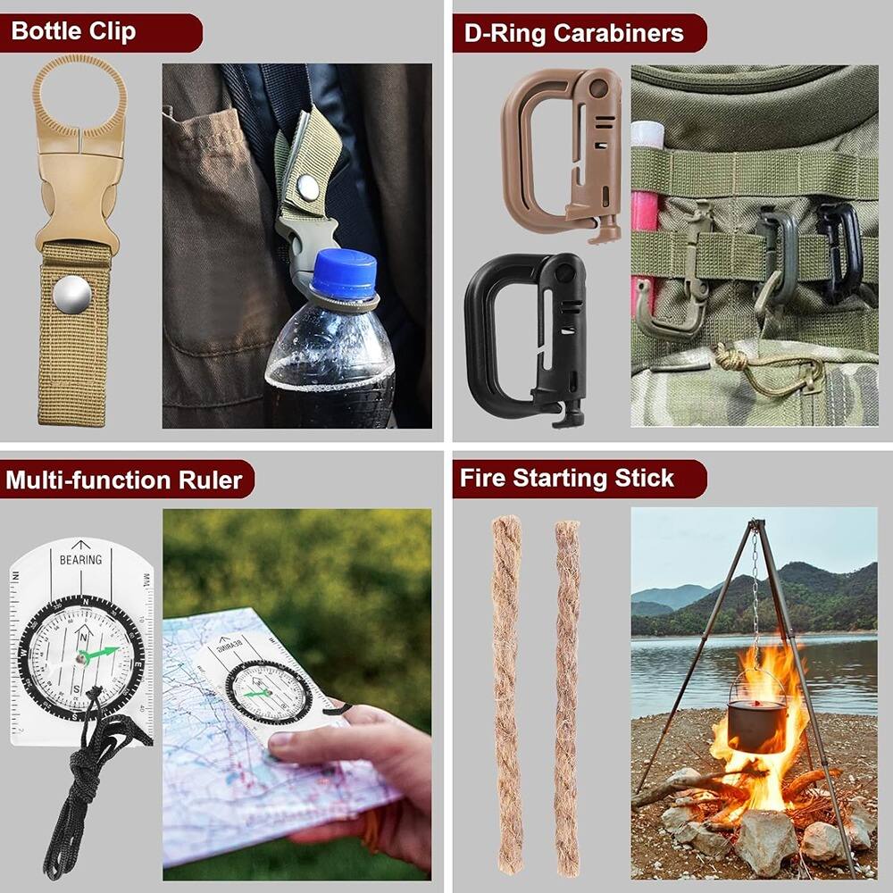 Bottle Clip  
D-Ring Carabiners  
Multi-function Ruler  
Fire Starting Stick