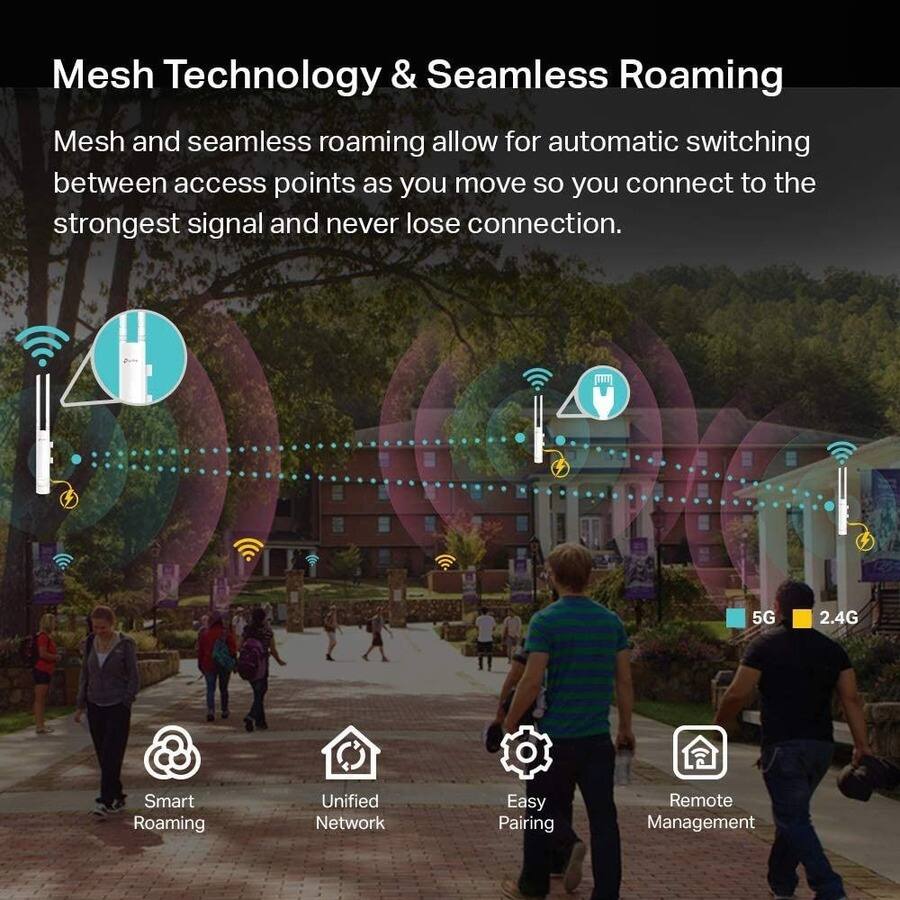 Mesh Technology & Seamless Roaming

Mesh and seamless roaming allow for automatic switching between access points as you move so you connect to the strongest signal and never lose connection.

- Smart Roaming
- Unified Network
- Easy Pairing
- Remote Management

5G 2.4G