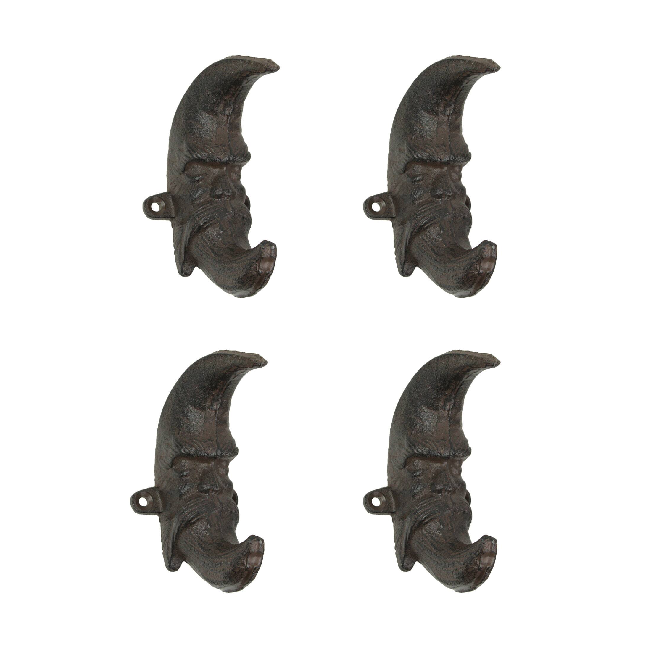 Front. Upper Deck - Brown Cast Iron Moon Face Wall Hanging Coat Hook Towel Hanger Home Decor Set of 4 - Brown.