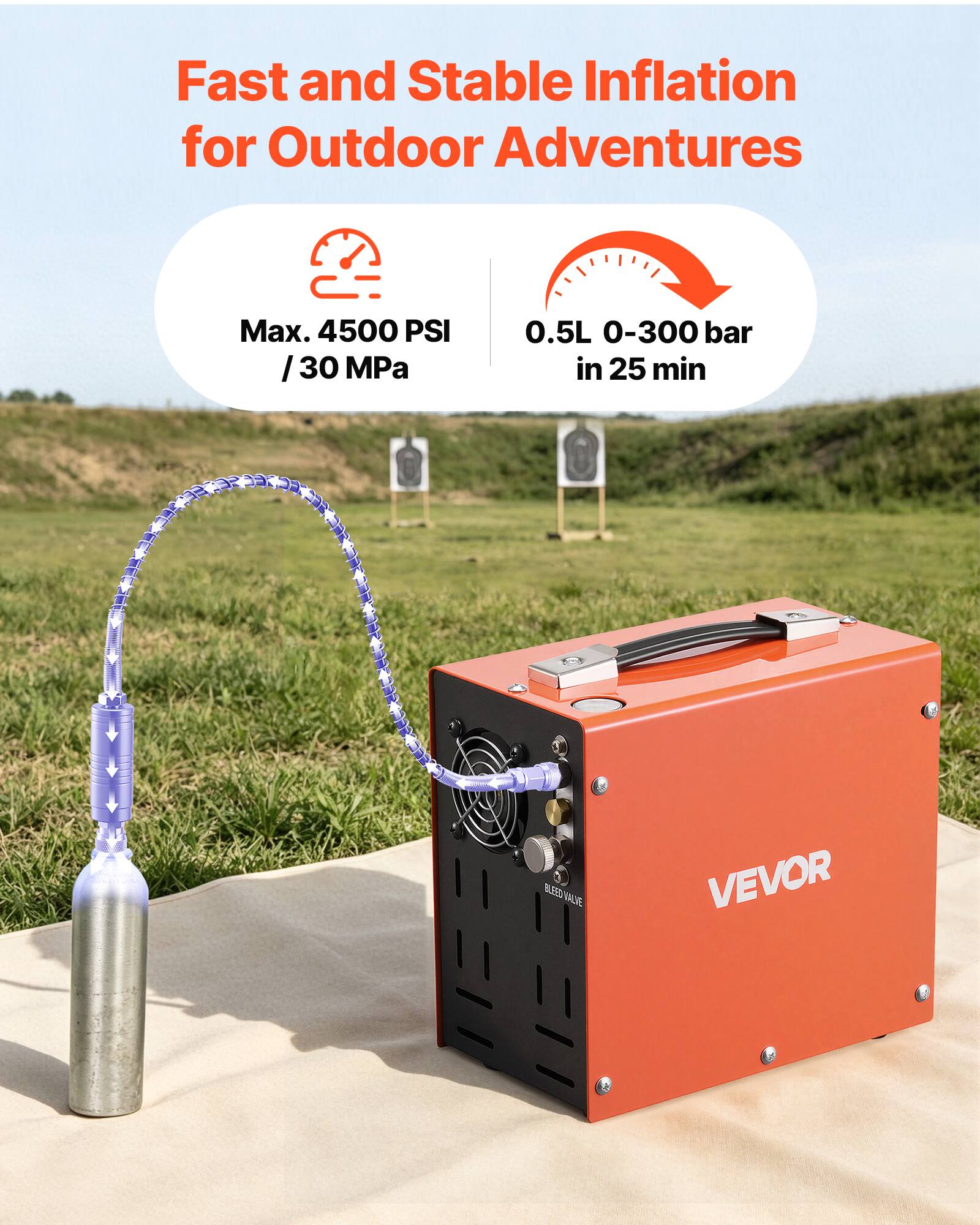 Fast and Stable Inflation for Outdoor Adventures  
Max. 4500 PSI / 30 MPa  
0.5L 0-300 bar in 25 min  
BLRED BLEED VALVE  
VEVOR