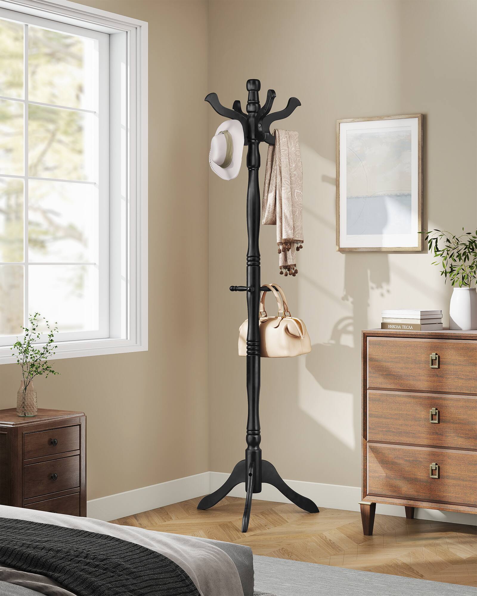 Alt View 2. Songmics Home - Coat Stand, Solid Wood Freestanding Coat Rack with 11 Hooks, Hall Tree for Bags, Purses, Hats, for Entryway, Hallway - Ink Black.