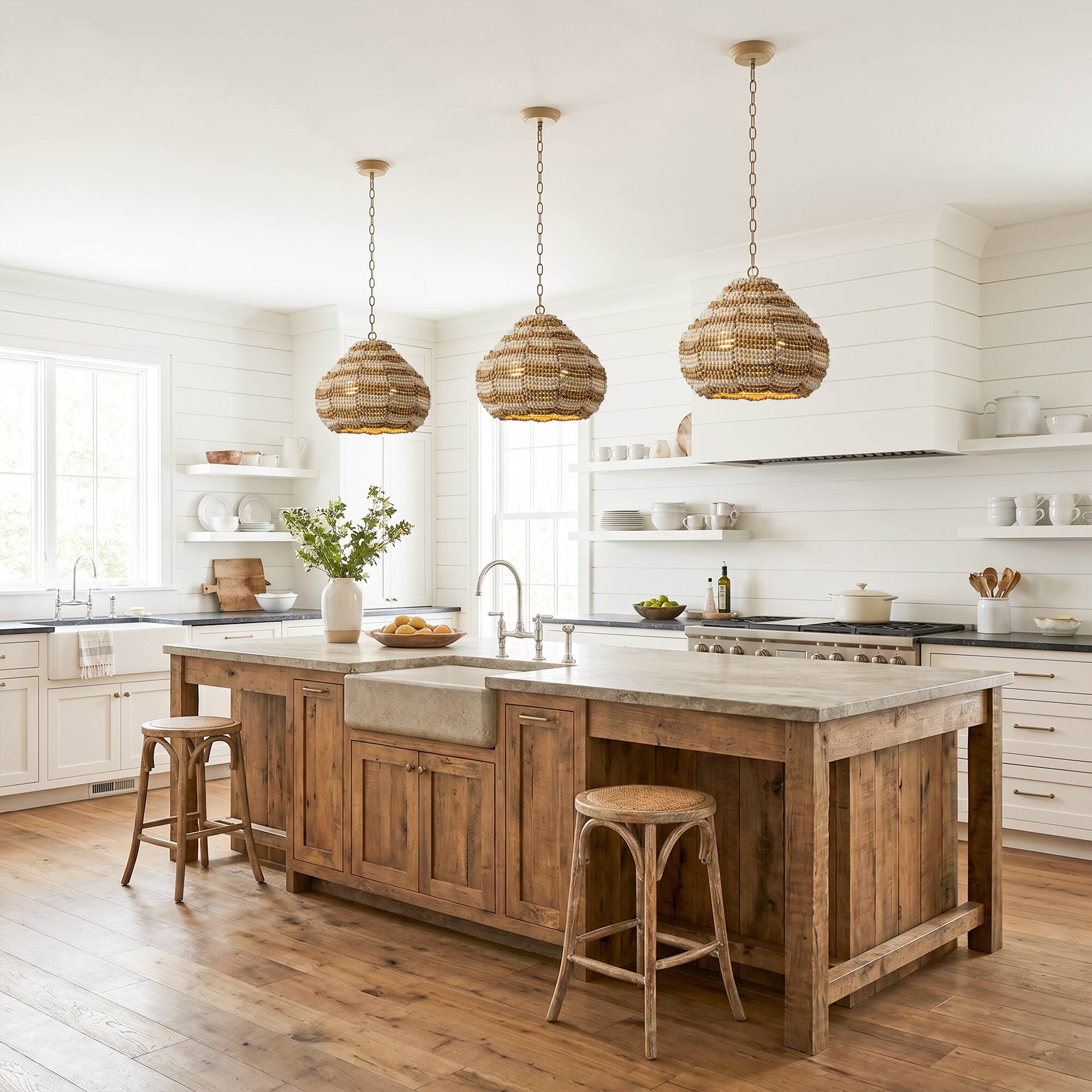 Angle. Parrot Uncle - 15.7" Boho Wood Beaded 2-Light Adjustable Pendant Light for Dining Room and Kitchen Island - Natural.