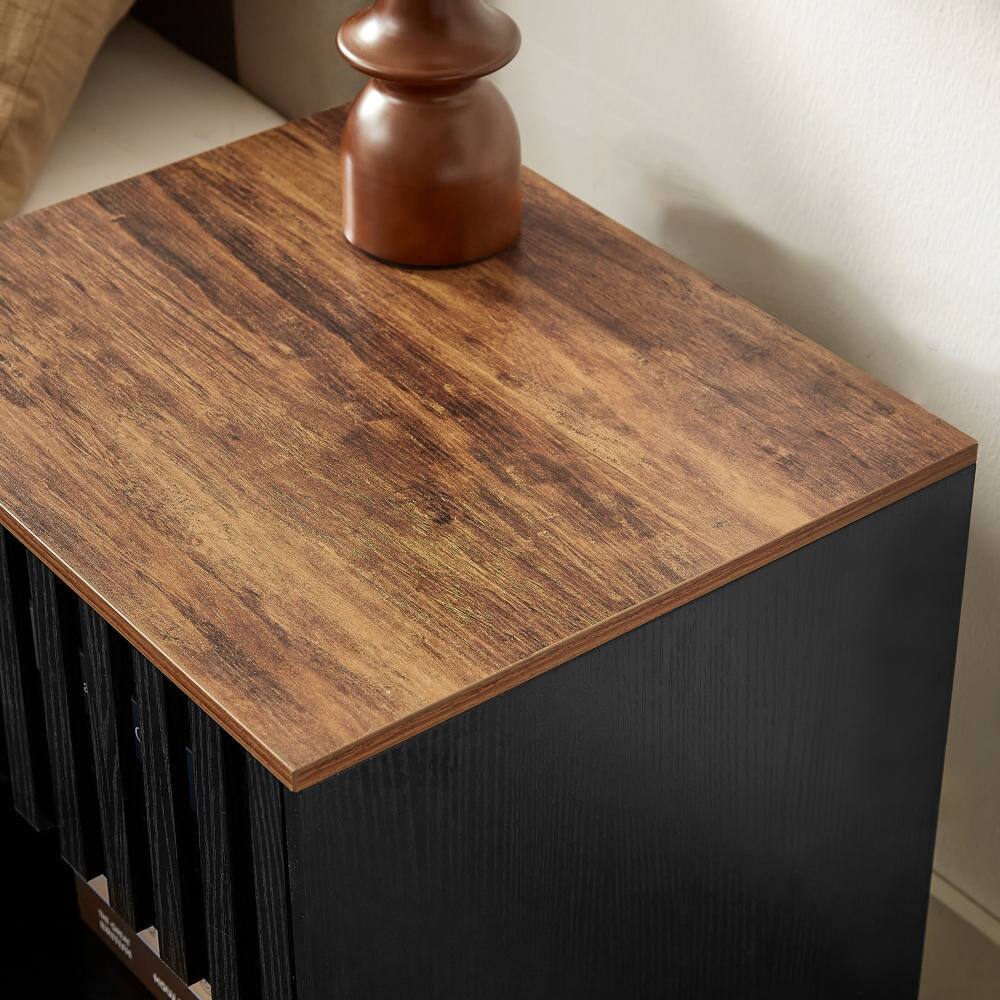 Alt View 4. Tiramisubest - 2 Set Mid Century Modern Nightstands with Grille Striped Doors,Slatted Drawer Decor & Metal Legs for Bedroom - Black+Brown.