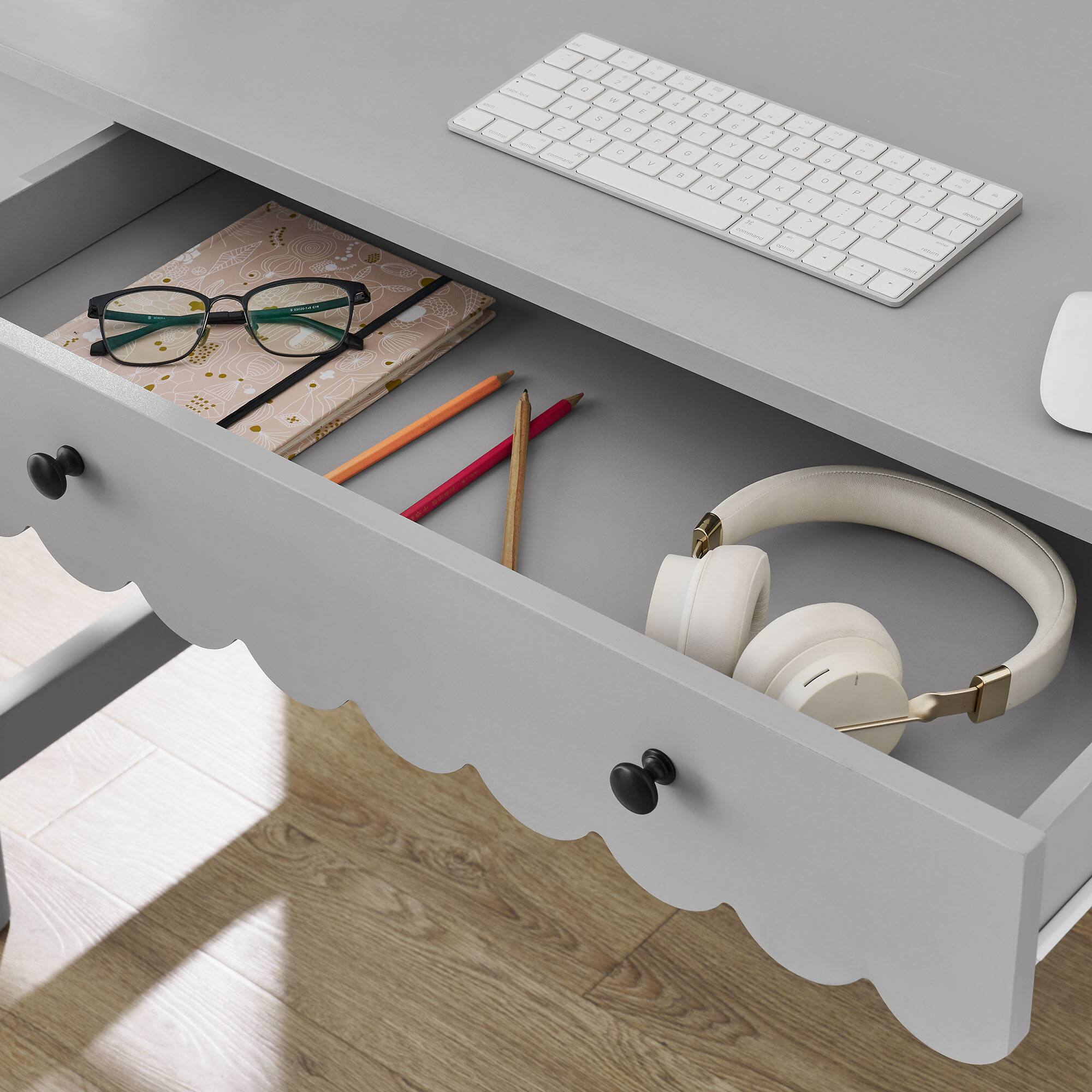 Alt View 1. Modway - Emmeline 1-Drawer Scallop Writing Desk by Modway - Light Gray.