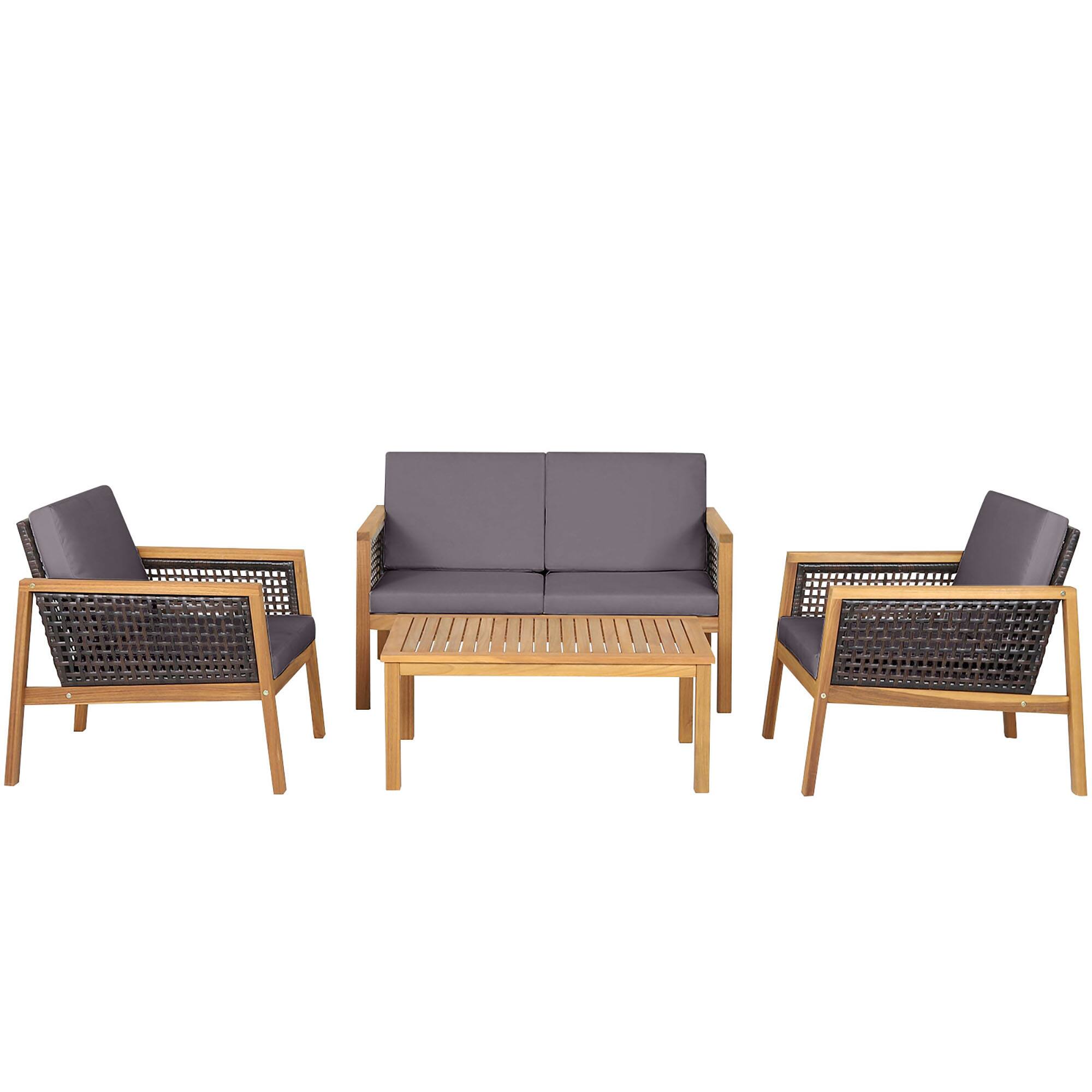 Alt View 2. Gymax - Gymax 4PCS Patio Acacia Wood Furniture Set PE Rattan Conversation Set w/ Grey Cushions - Gray.