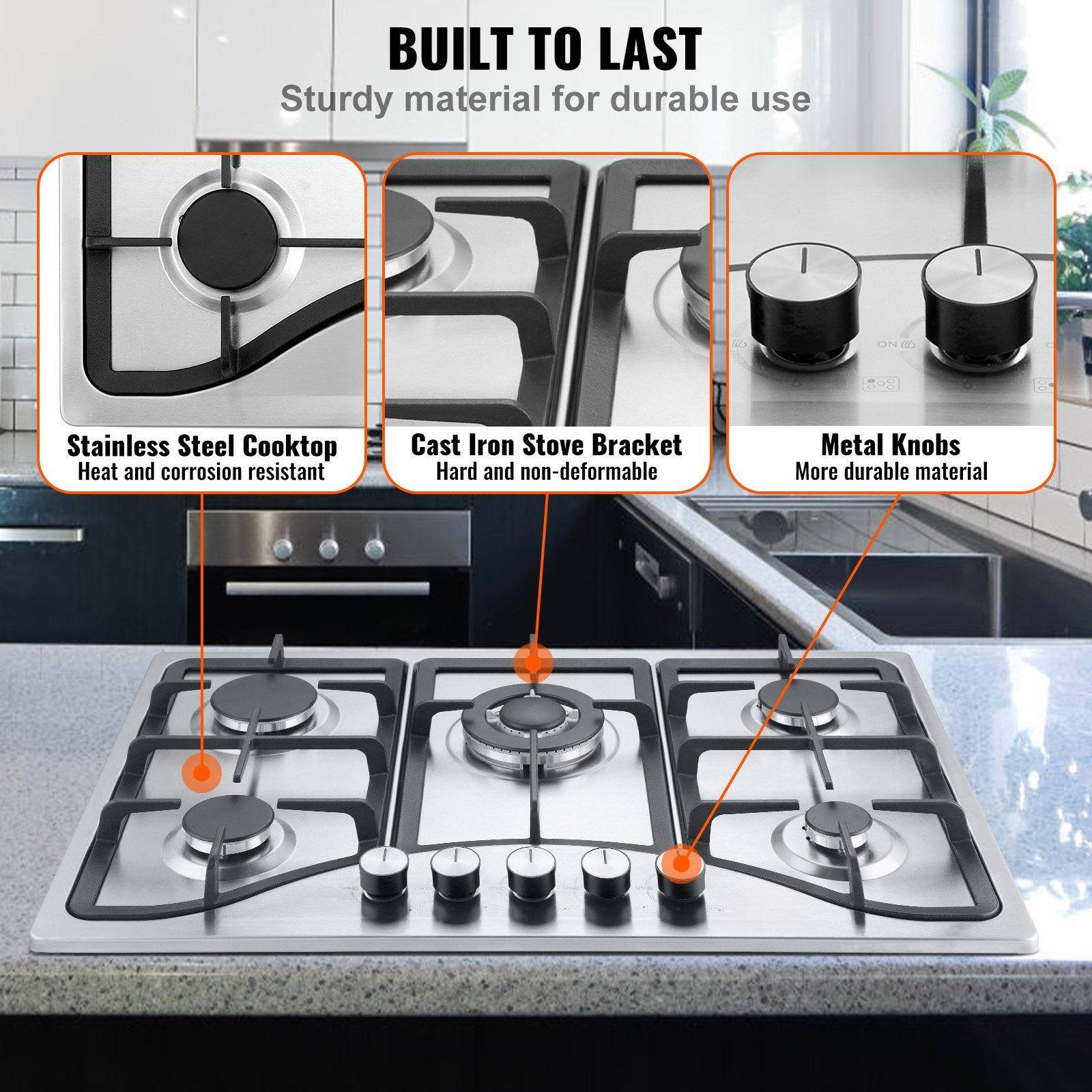 BUILT TO LAST  
Sturdy material for durable use

- Stainless Steel Cooktop  
  Heat and corrosion resistant

- Cast Iron Stove Bracket  
  Hard and non-deformable

- Metal Knobs  
  More durable material